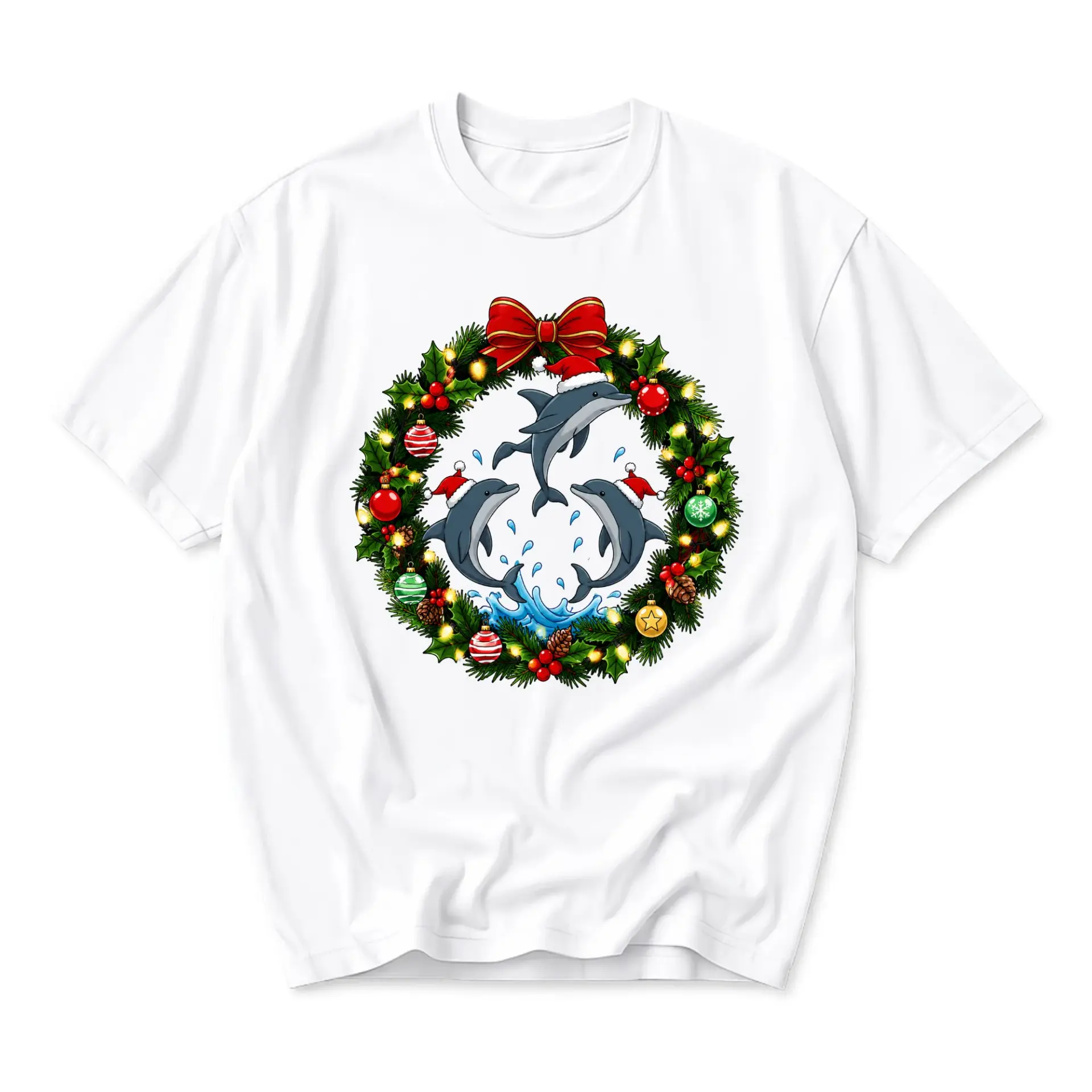Graphic Tee Unisex Crew Neck T-Shirt Holiday Christmas Dolphin Wreath
