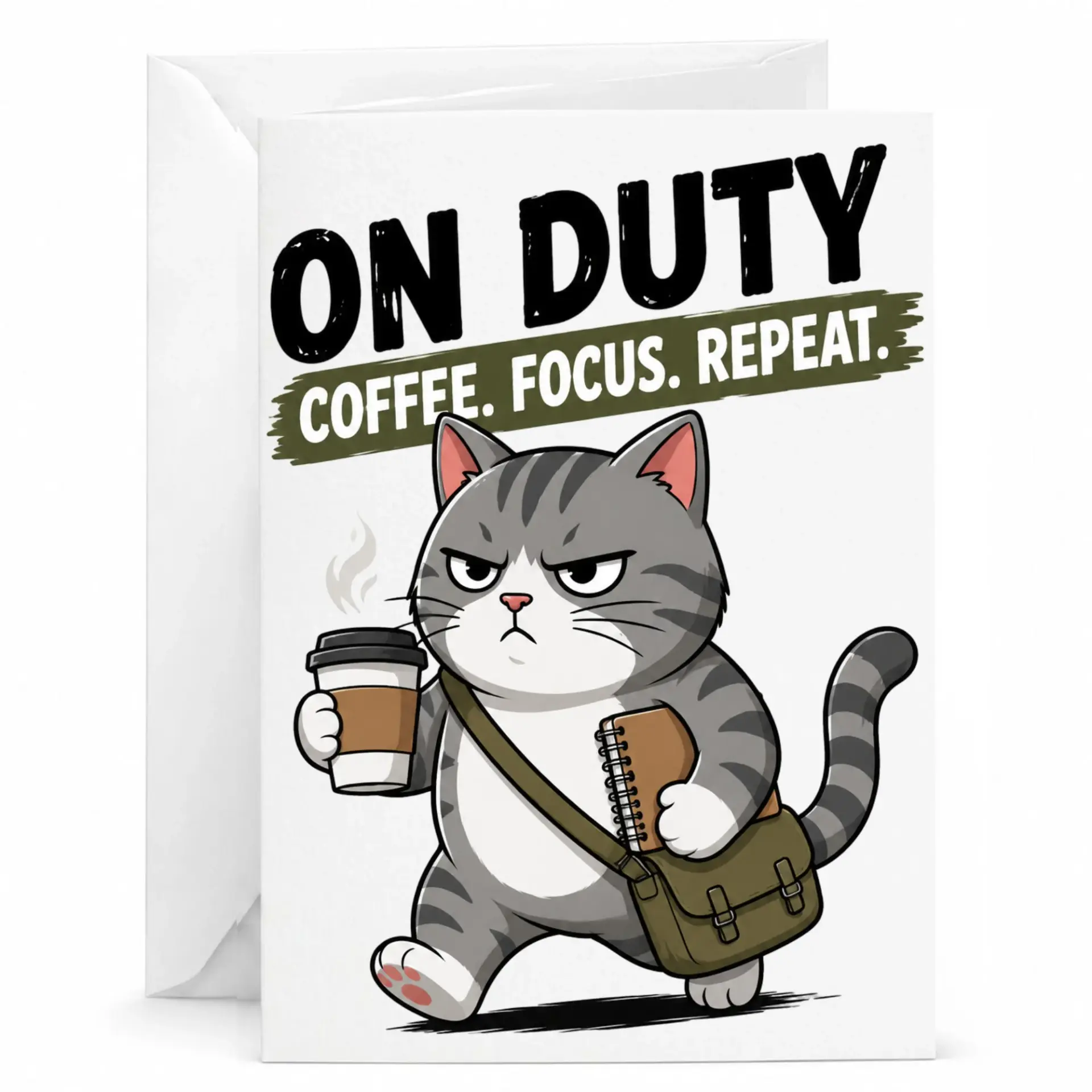 Funny Cat Greeting Card for Coffee Lovers on Duty Repeat Design Any Occasion Professional Stationery