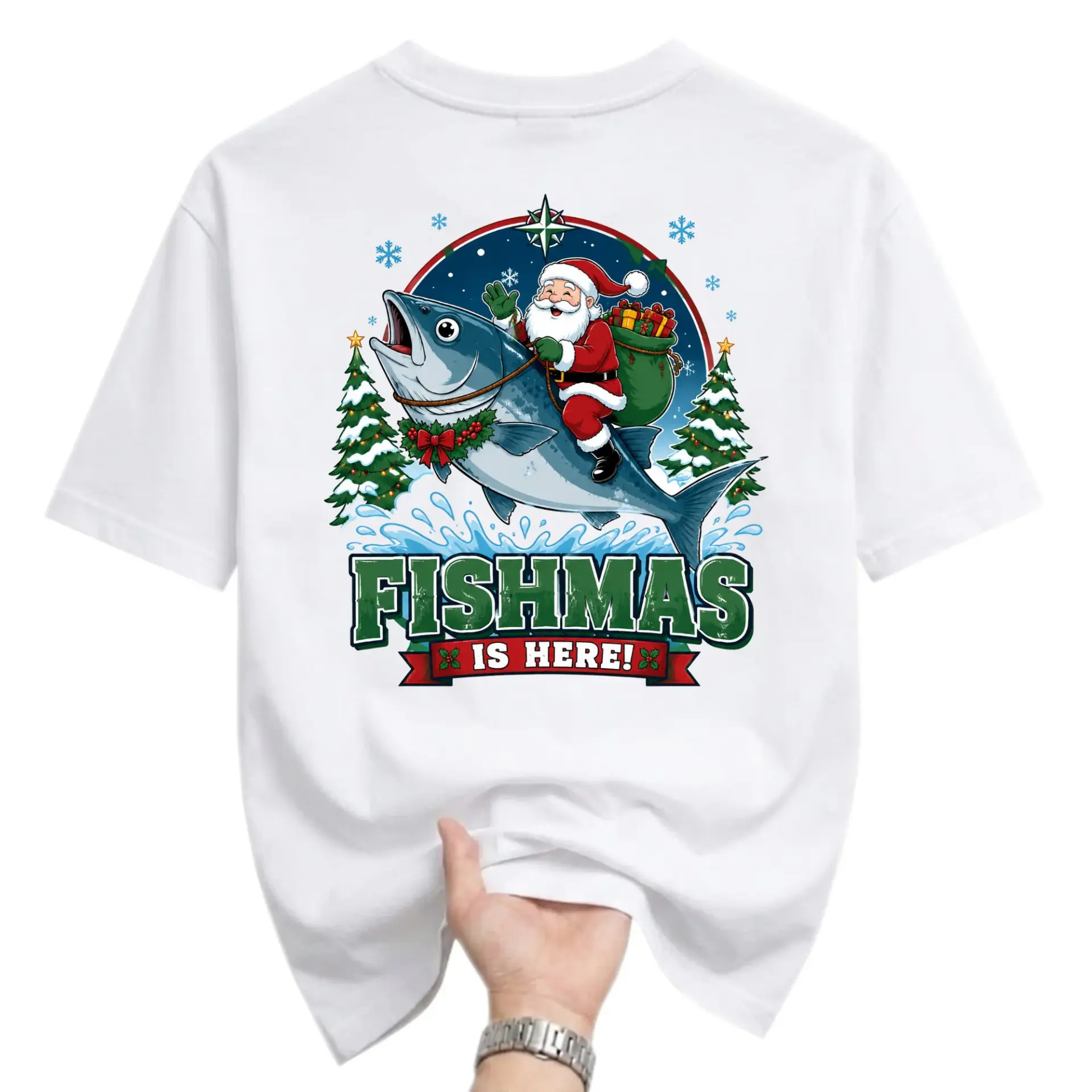 Funny Shirt Fishmas Is Here Graphic Tee Holiday Santa Claus Fishing Unisex Crew Neck Short Sleeve Casual Cotton Top