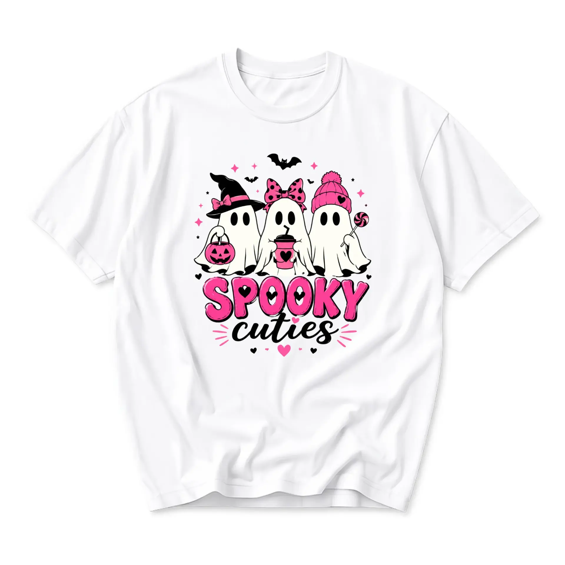 Graphic Tee Spooky Cuties Ghost Trio Halloween Shirt Casual Unisex Crew Neck Top for Fall Season Festive Holiday Apparel