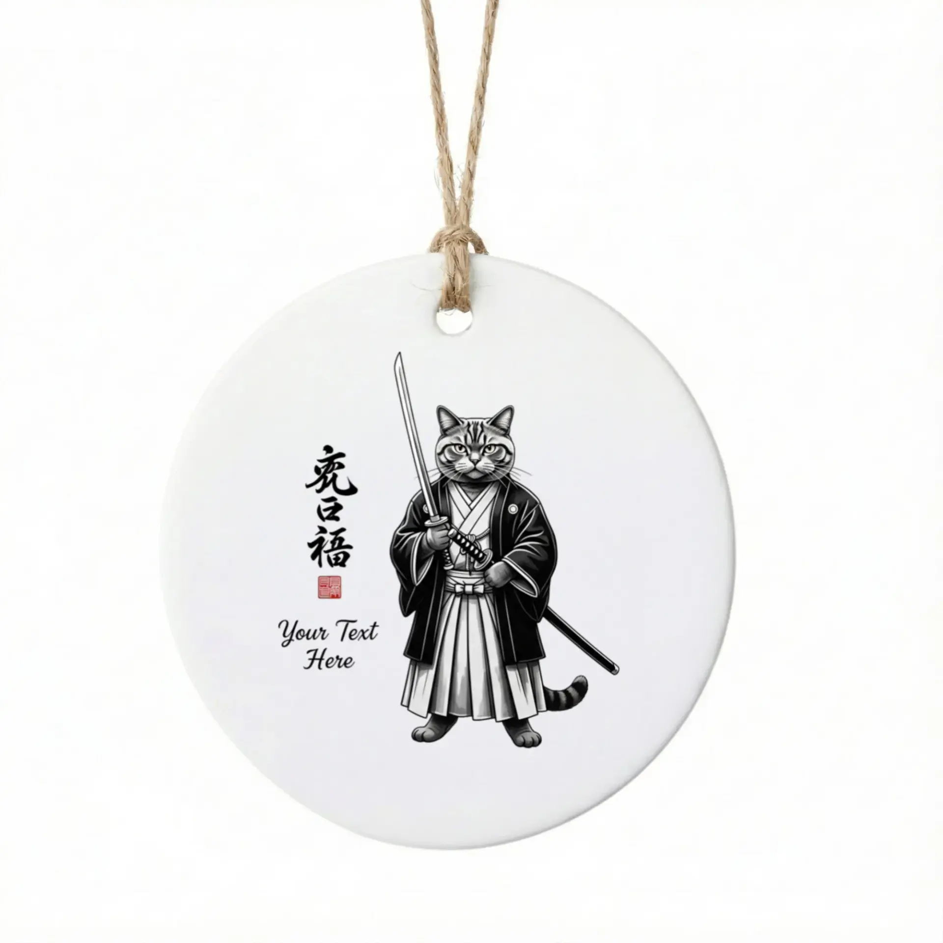 Christmas Ornament Ceramic Samurai Cat Decoration Holiday Tree Keepsake Round Glossy Decorative Gift for Home Decor