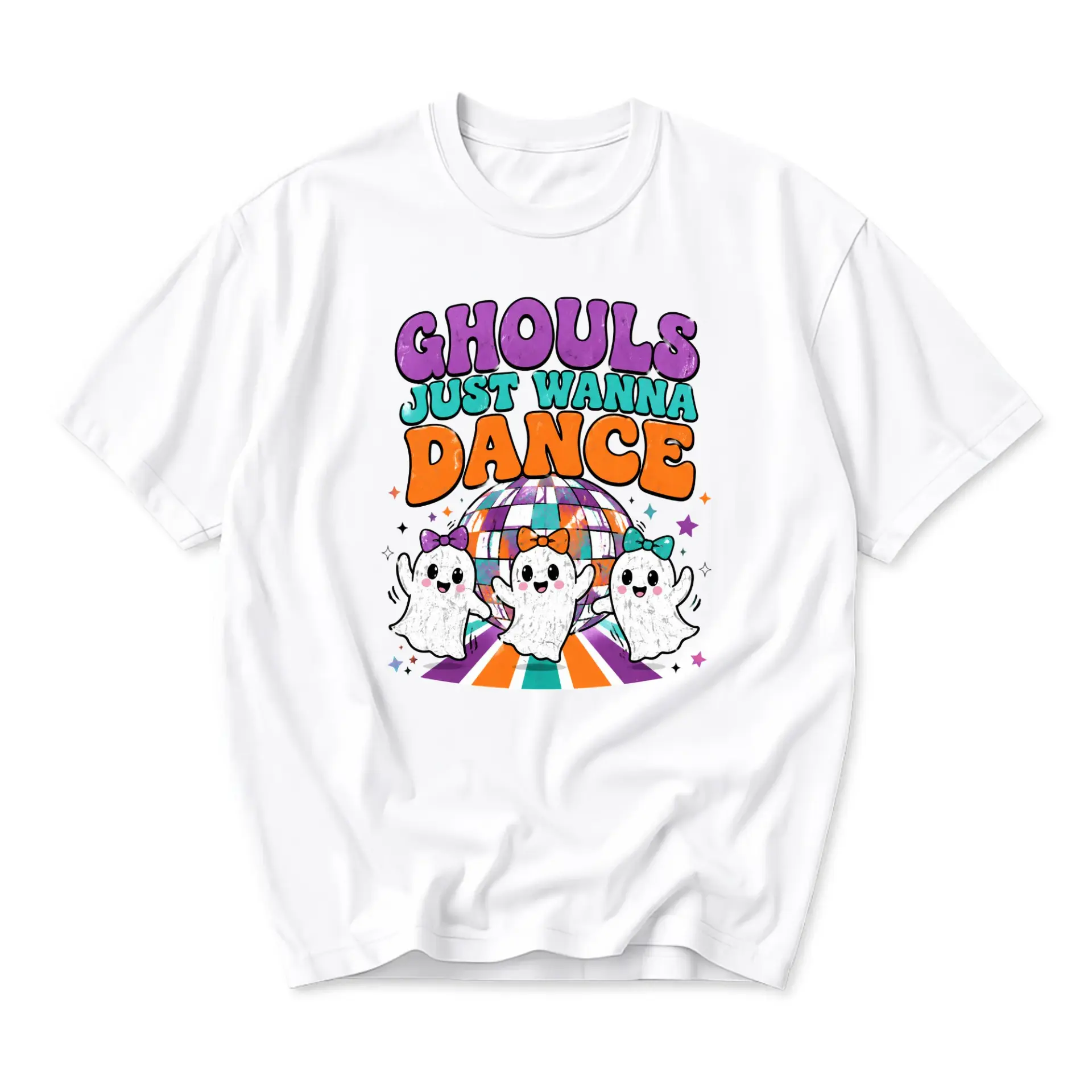 Graphic Tee Ghouls Just Wanna Dance Shirt Retro Disco Ghost Party Unisex Crew Neck Casual Everyday Wear Soft Cotton