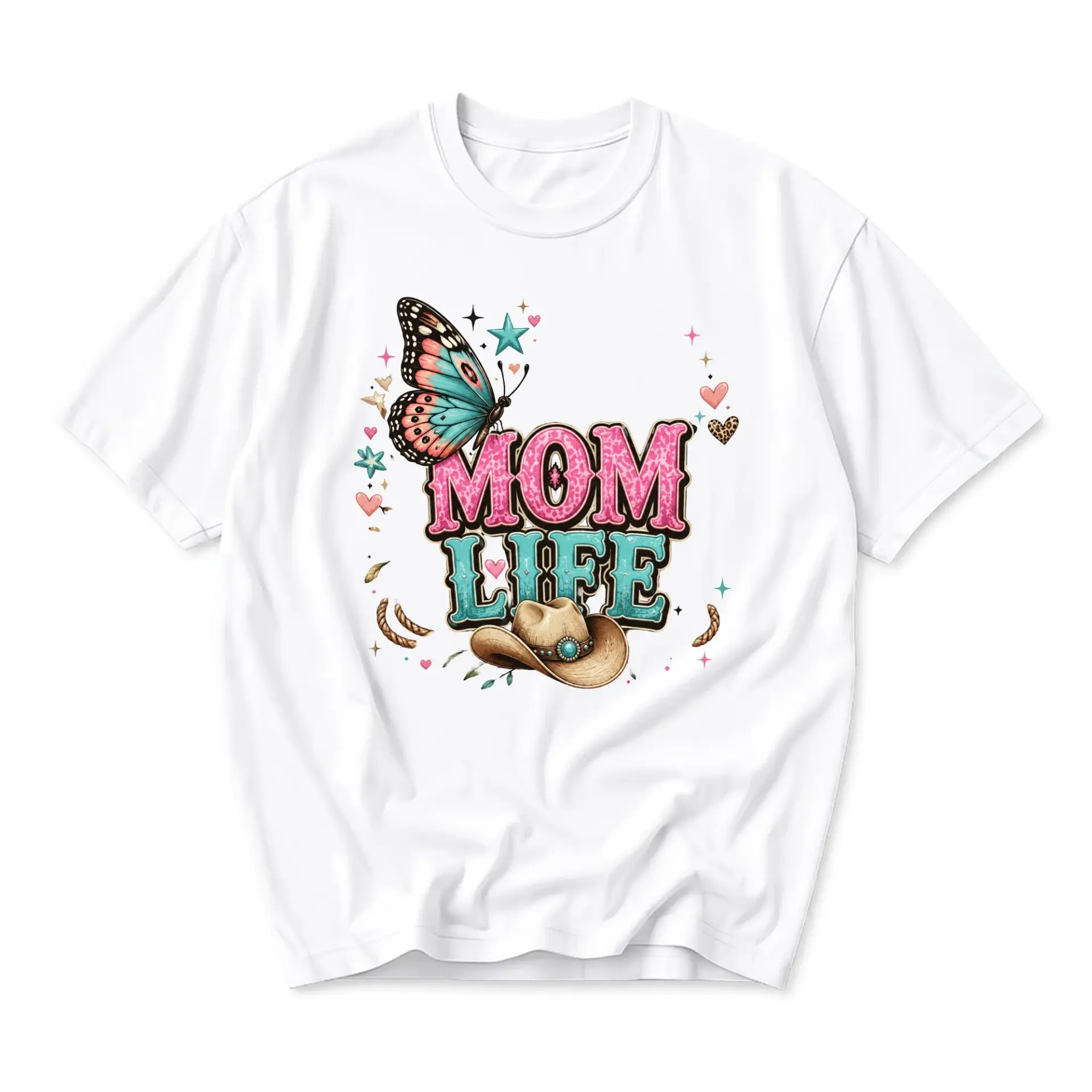Graphic Tee Mom Life Western Style Butterfly Cowboy Hat Print Unisex Casual Crew Neck Soft Cotton Blend Shirt