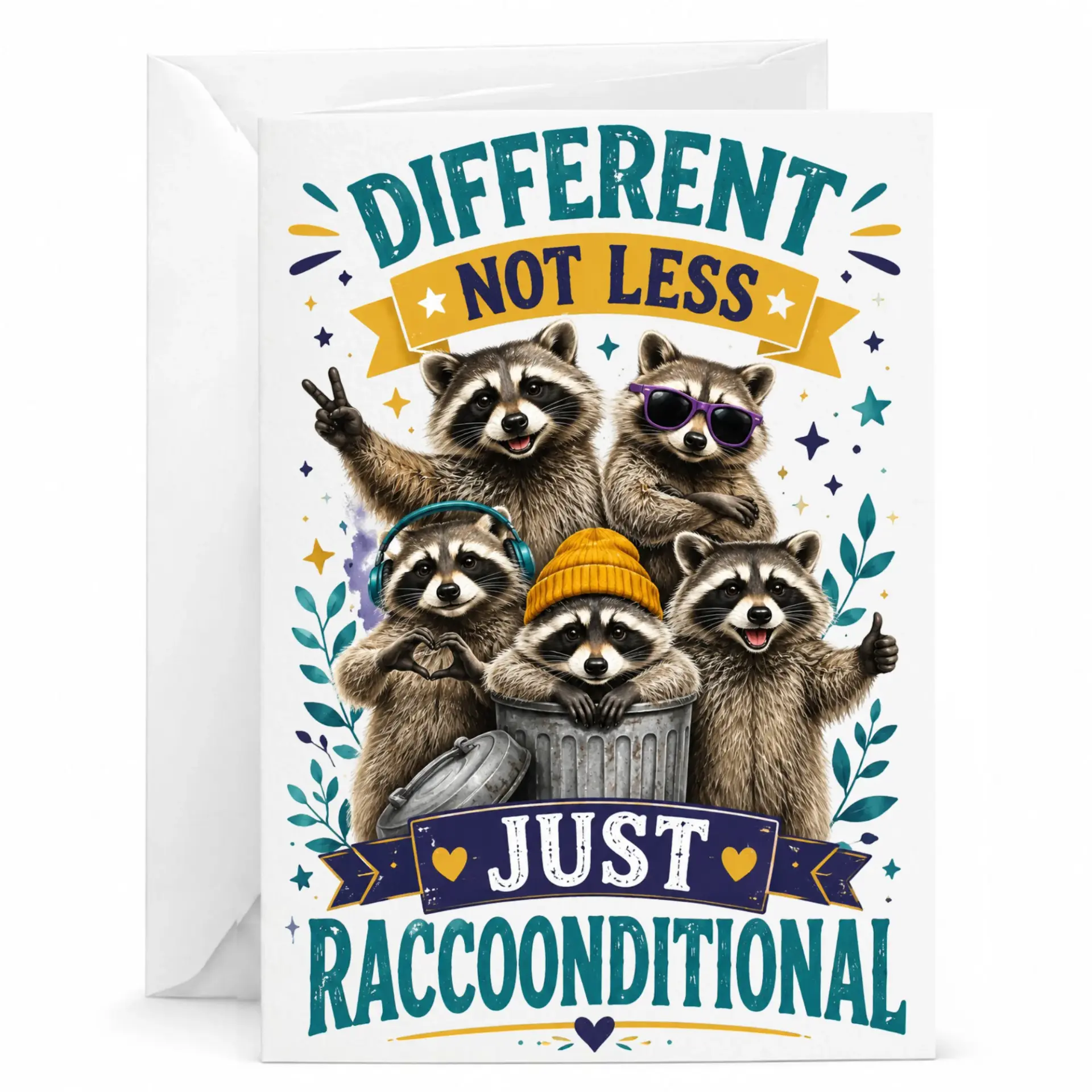 Greeting Card Different Not Less Just Raccoonditional Funny Animal Pun for Birthday Anniversary Encouragement