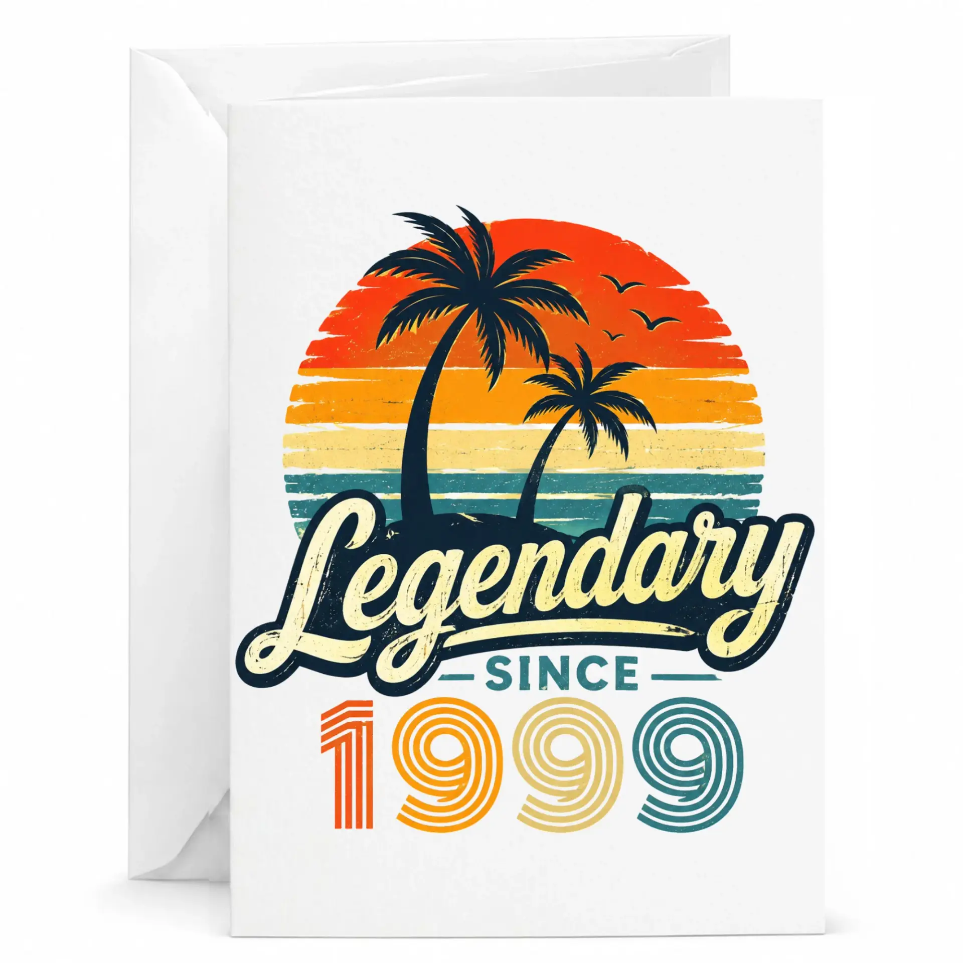 Greeting Card Legendary Since 1999 Vintage Palm Tree Sunset Design for Milestone Birthday and Anniversary Celebration