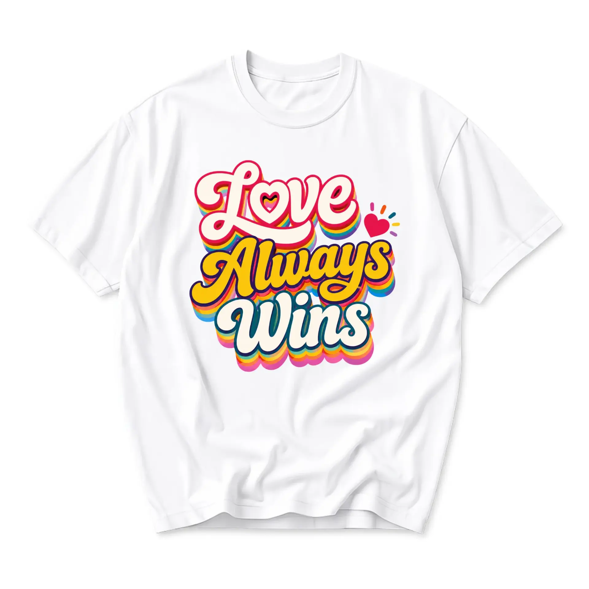 Graphic Tee Love Always Wins Retro Rainbow Typography White Shirt Casual Unisex Crew Neck Short Sleeve Top for Everyday
