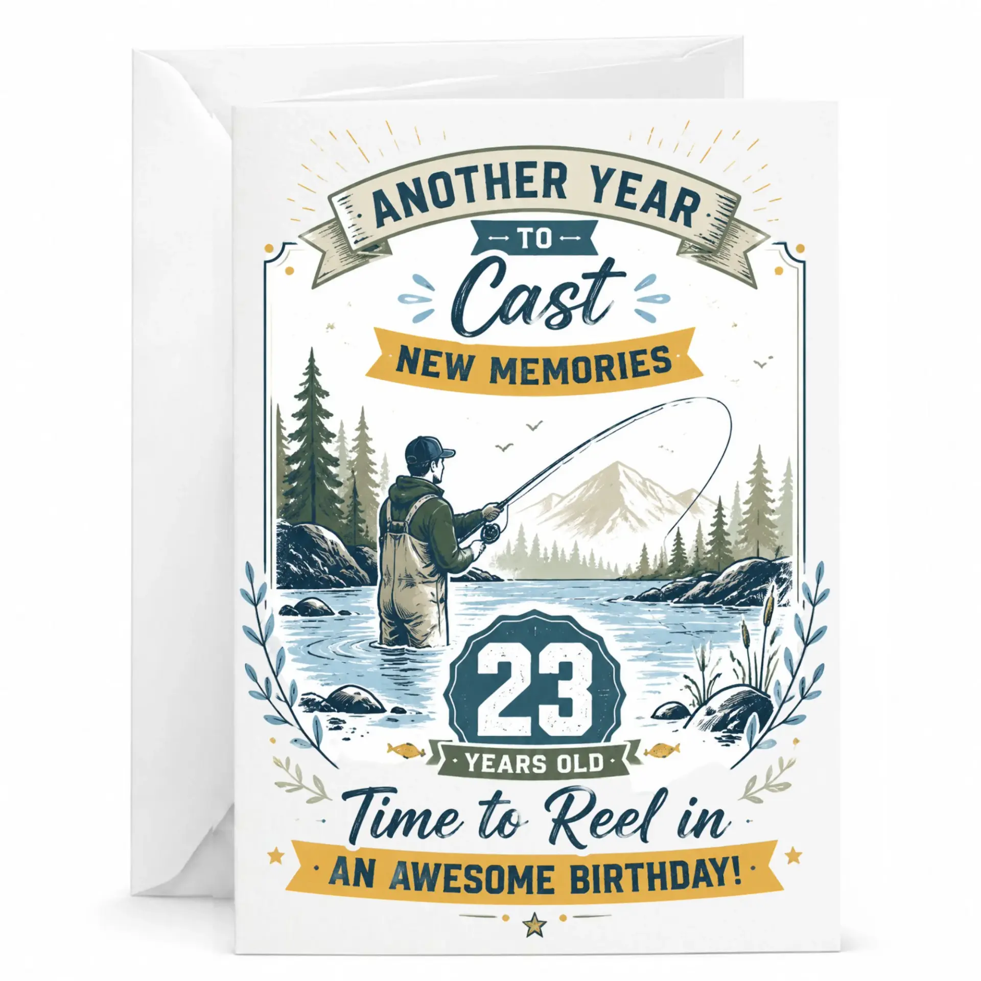Birthday Card 23 Years Old Fishing Enthusiast Theme Fisherman Greeting Card for Him or Her with Included White Envelope