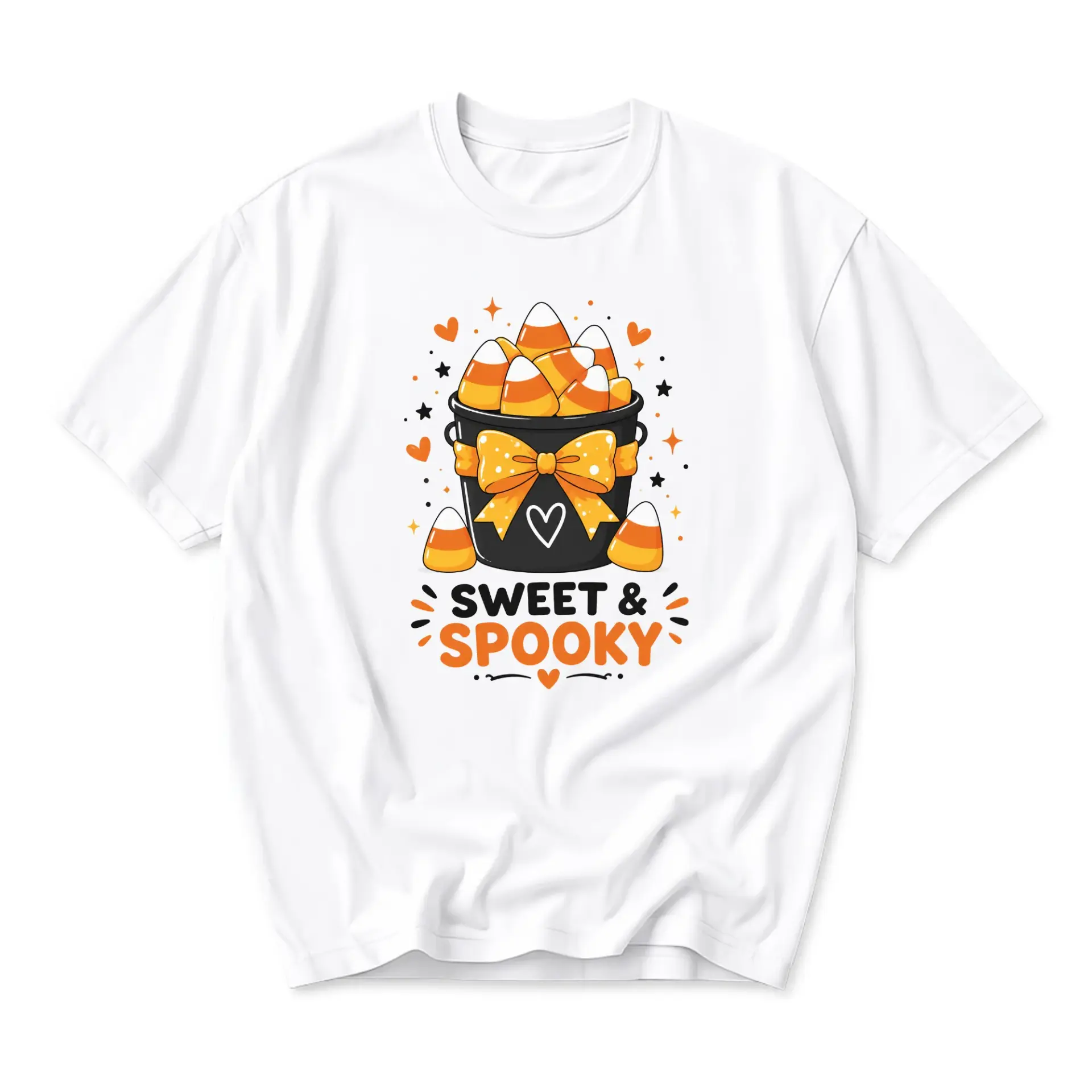 Graphic Tee Sweet and Spooky Candy Corn Halloween Bucket Unisex Crew Neck Casual Everyday Short Sleeve Cotton Shirt