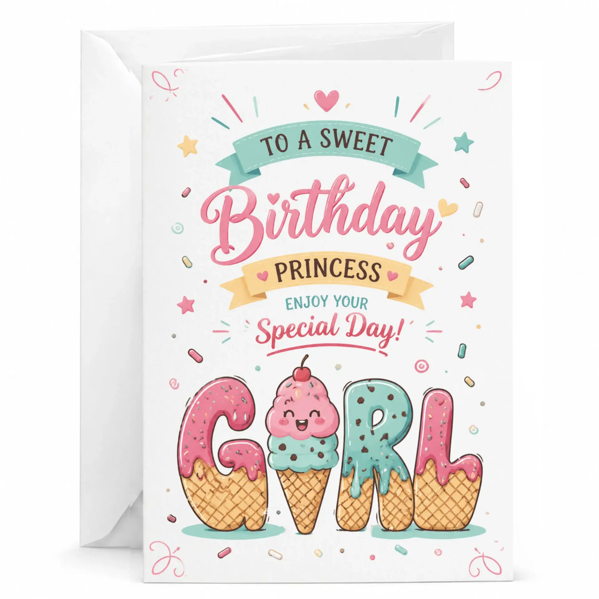 Birthday Card for Her Sweet Themed Greeting with Ice Cream Illustration and Color Design