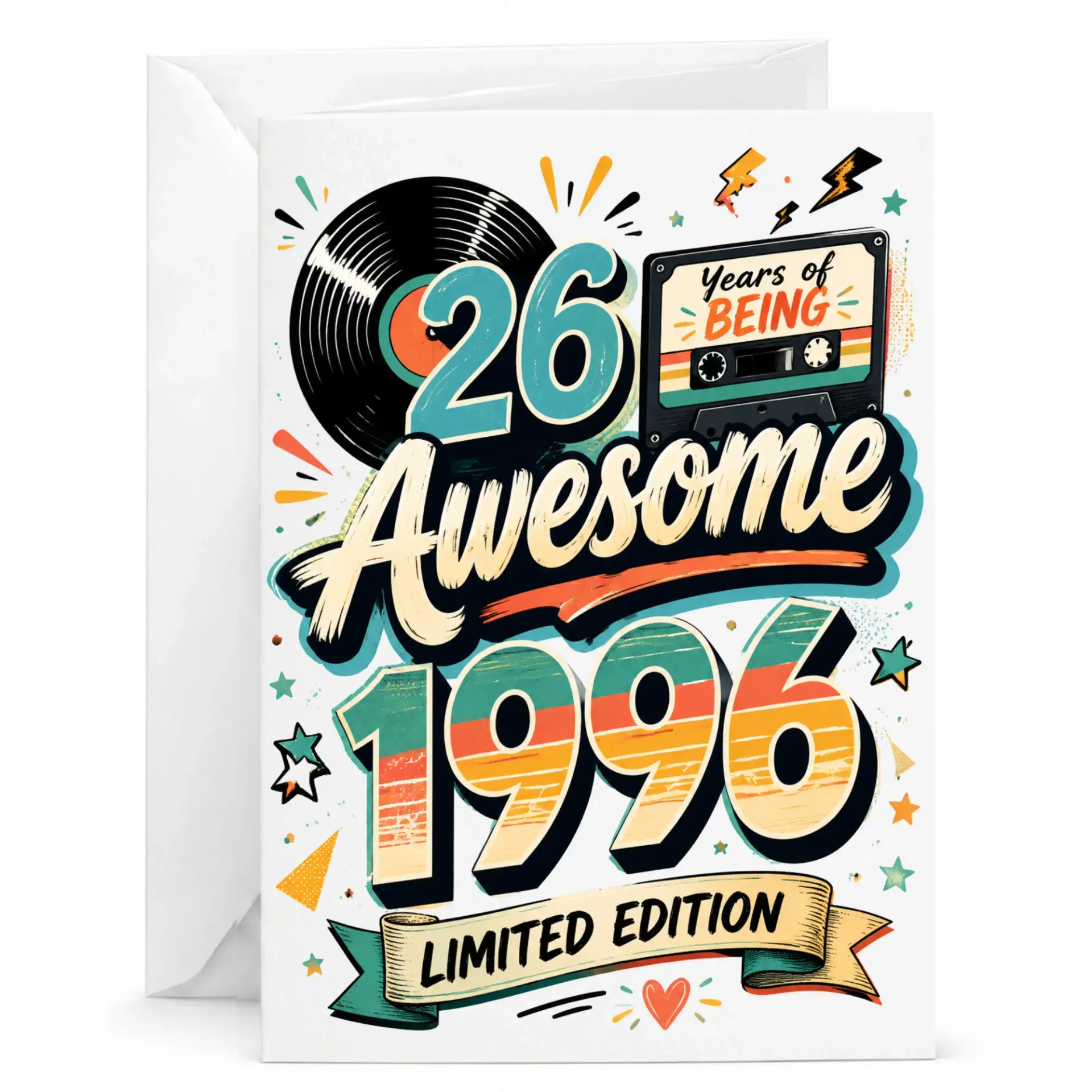 Birthday Card Retro 26th Birthday Greeting Card Vintage Vinyl Cassette Theme for Twenty Sixth Birthday Celebration