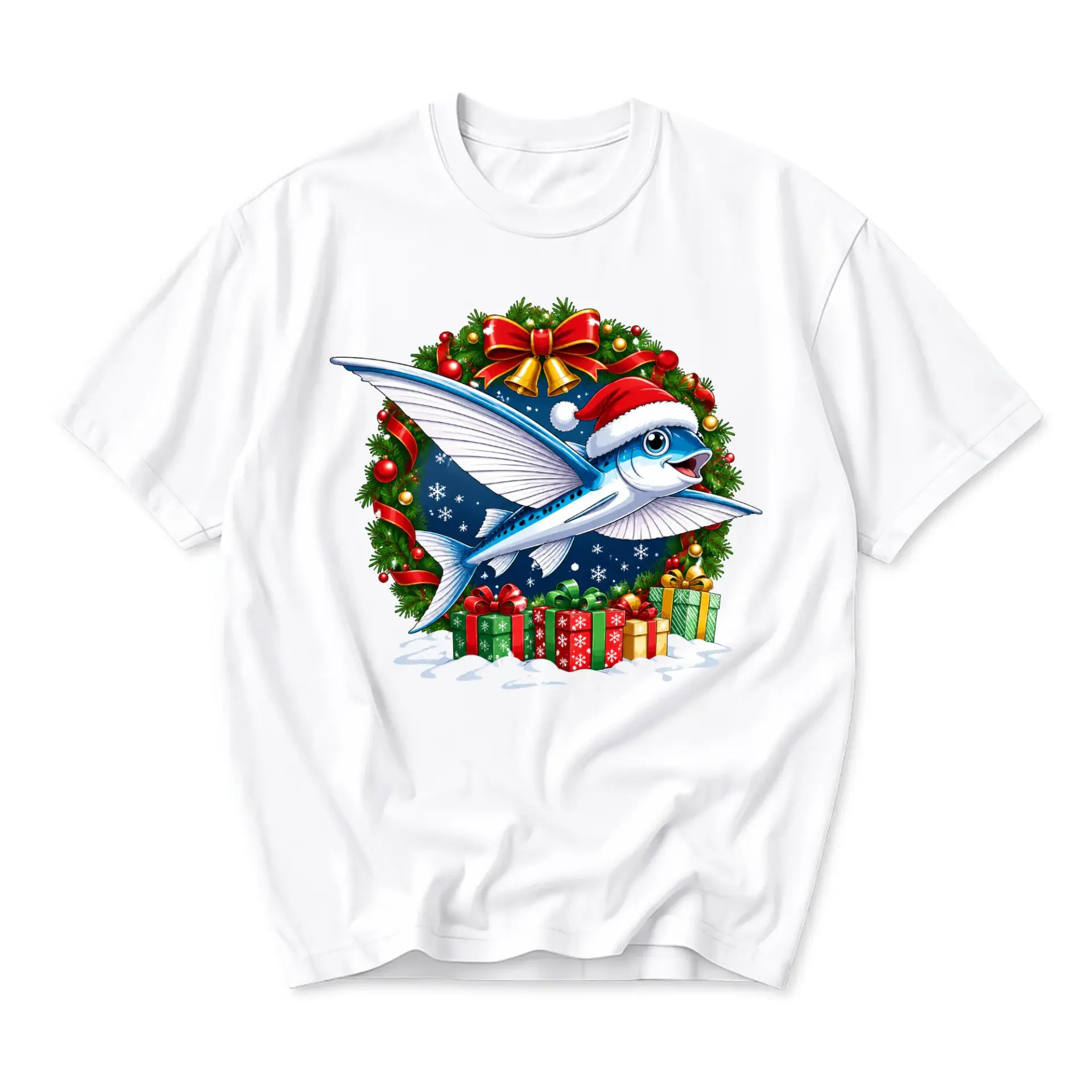 Funny Shirt Flying Fish with Santa Hat Christmas Holiday Graphic Tee Unisex Short Sleeve Crew Neck Cotton Casual Top