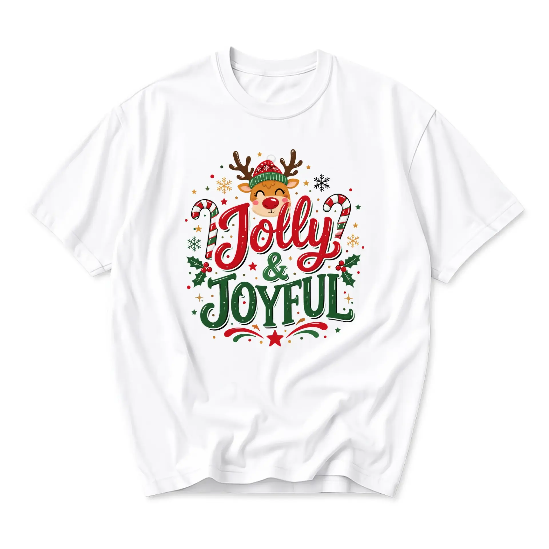 Graphic Tee Jolly and Joyful Christmas Reindeer Print Unisex Crew Neck Short Sleeve Casual Holiday Cotton Shirt