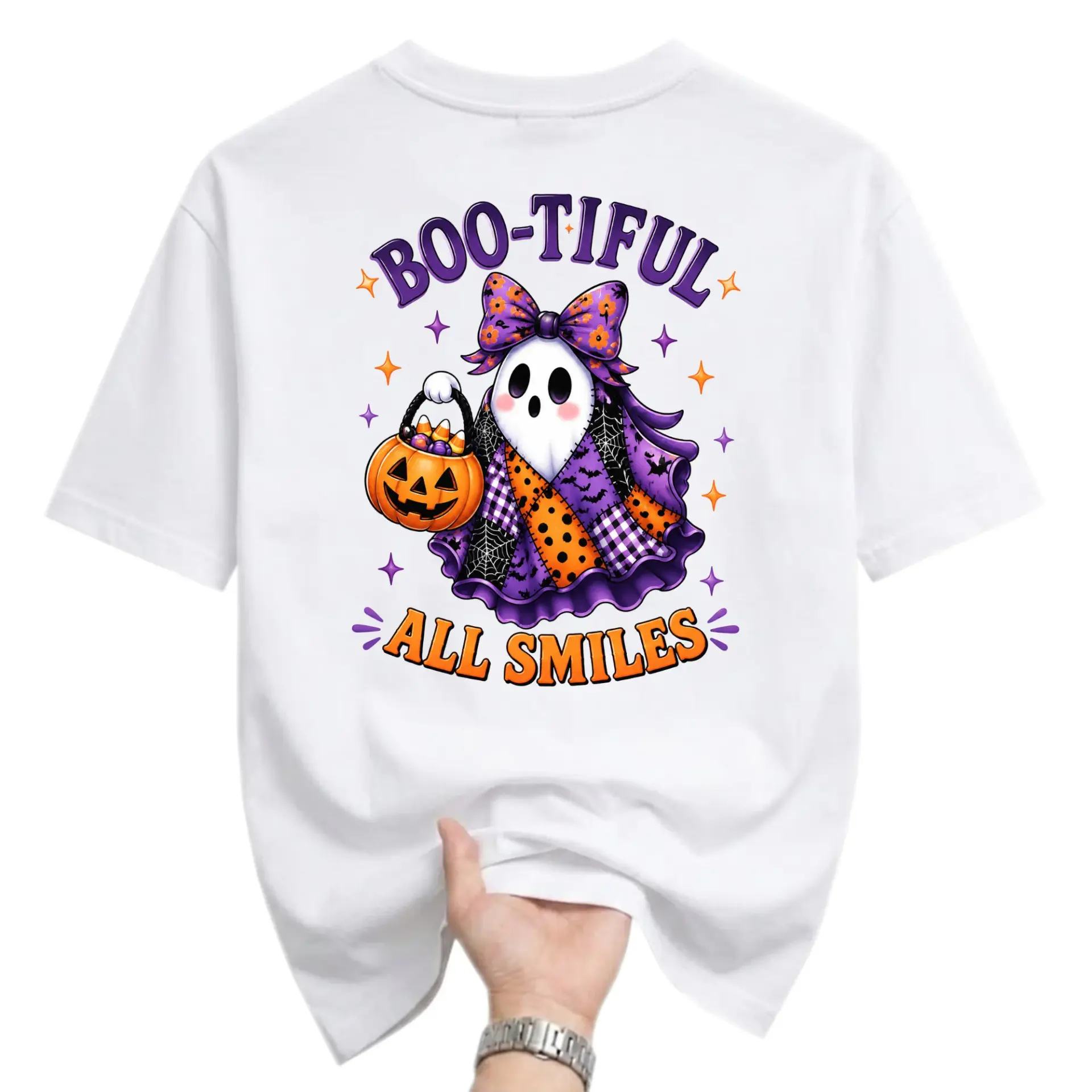 Graphic Tee Boo-Tiful All Smiles Ghost Halloween Shirt Cute Spooky Character Unisex Crew Neck Casual Cotton Top