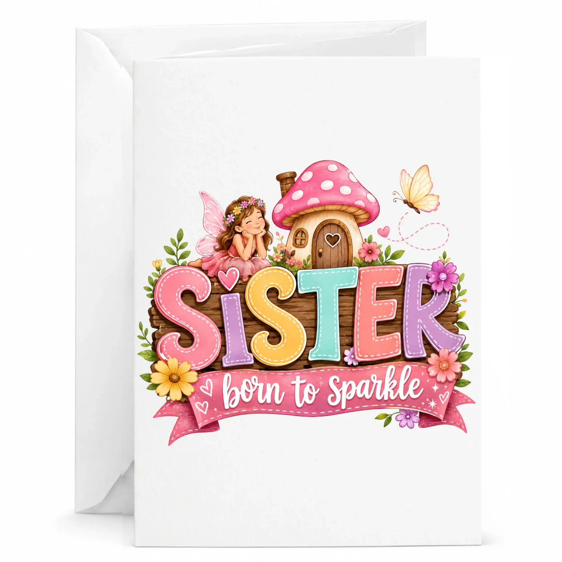 Greeting Card Sister Born to Whimsical Fairy Theme Decorative Art Stationery for Special