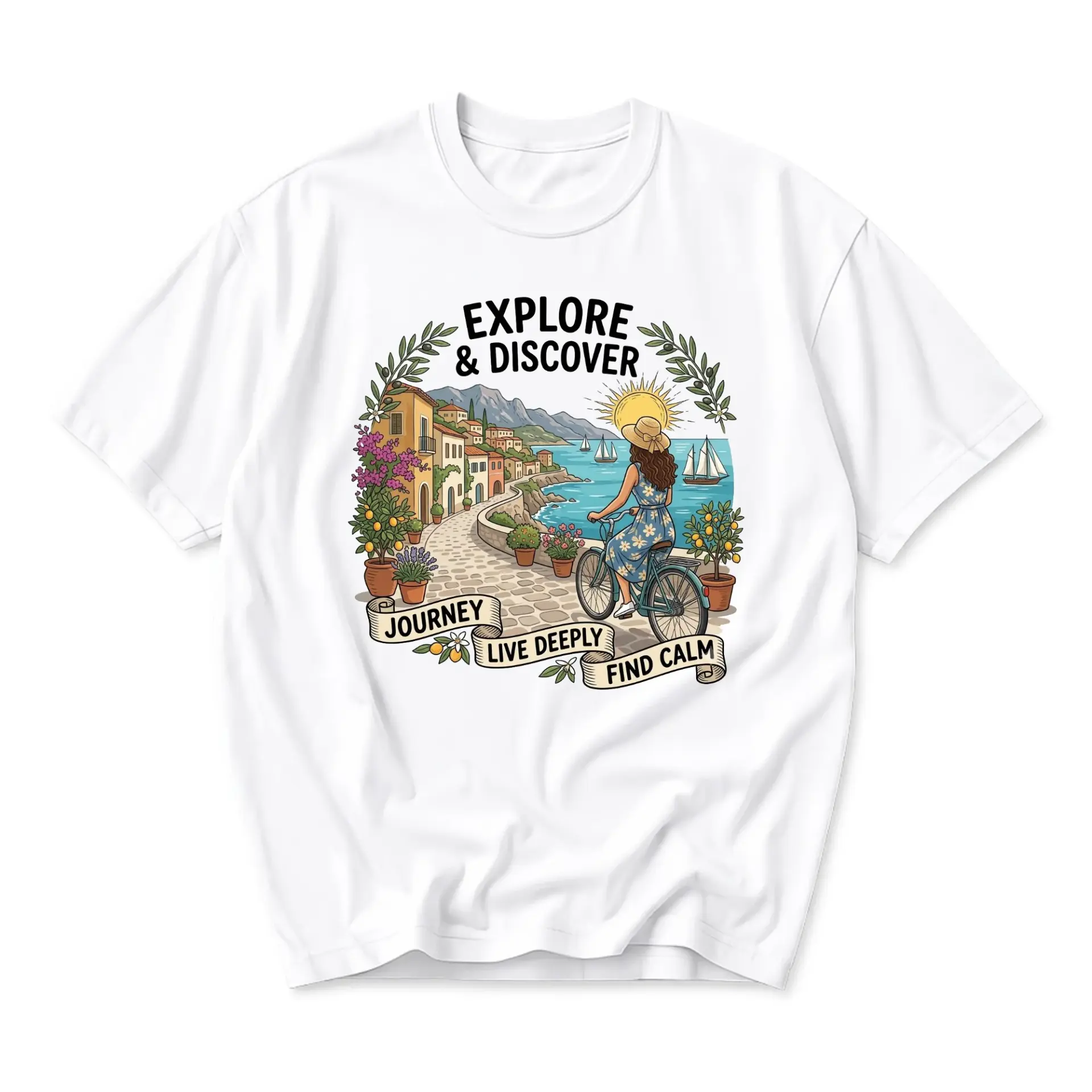 Graphic Tee Explore and Discover Mediterranean Landscape Art Travel Inspired Unisex Crew Neck Short Sleeve Cotton Shirt