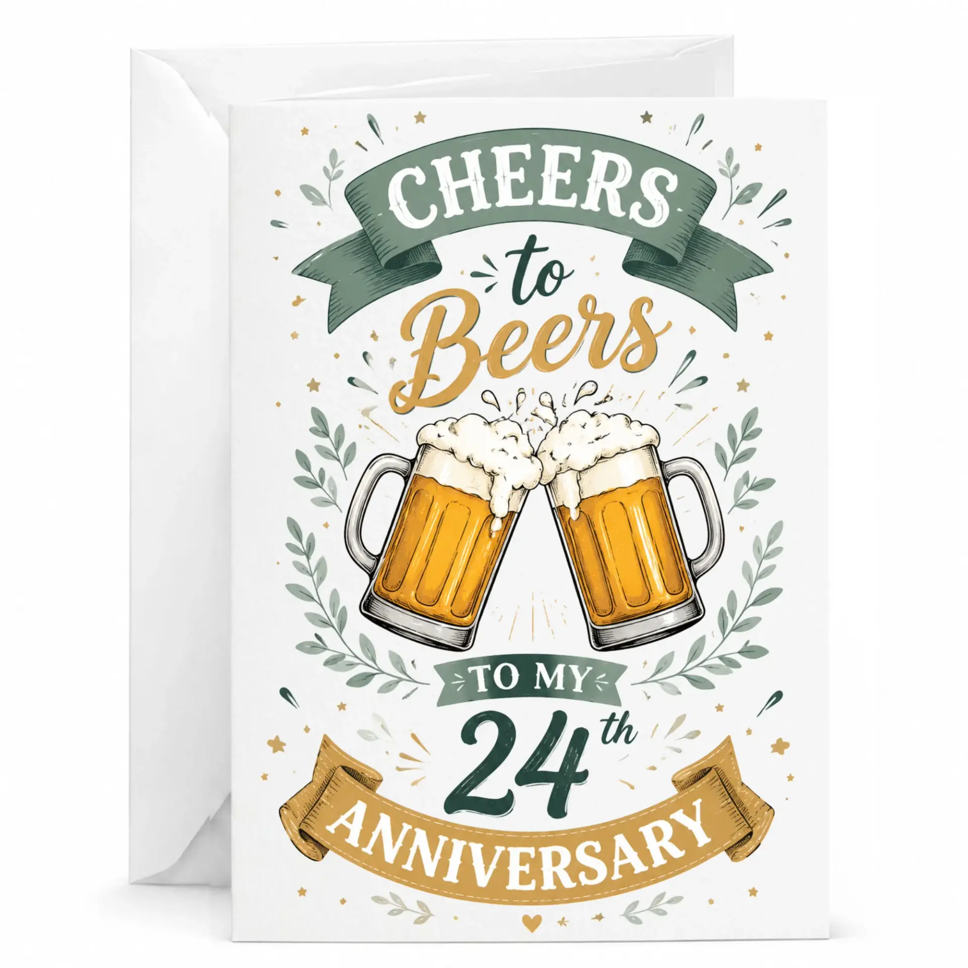 Funny Cheers to Beers 24th Anniversary Greeting Card, Milestone Anniversary Celebration Card with Matching White Envelope