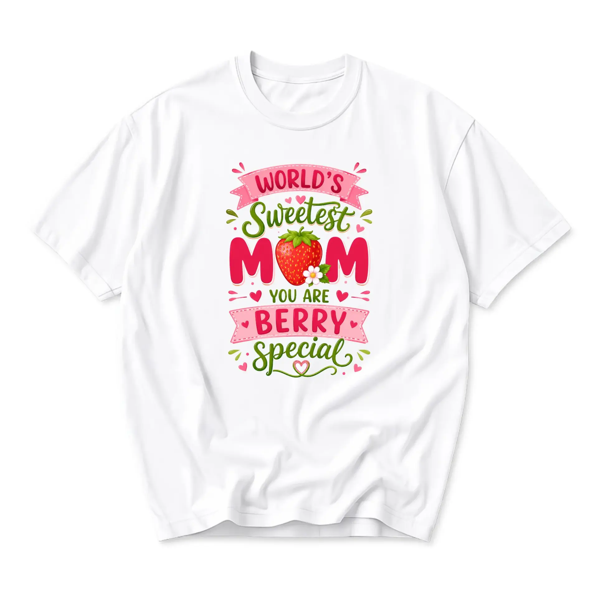 Graphic Tee World's Sweetest Mom Strawberry Print Unisex Crew Neck Cotton Blend Short Sleeve Everyday Casual T-Shirt