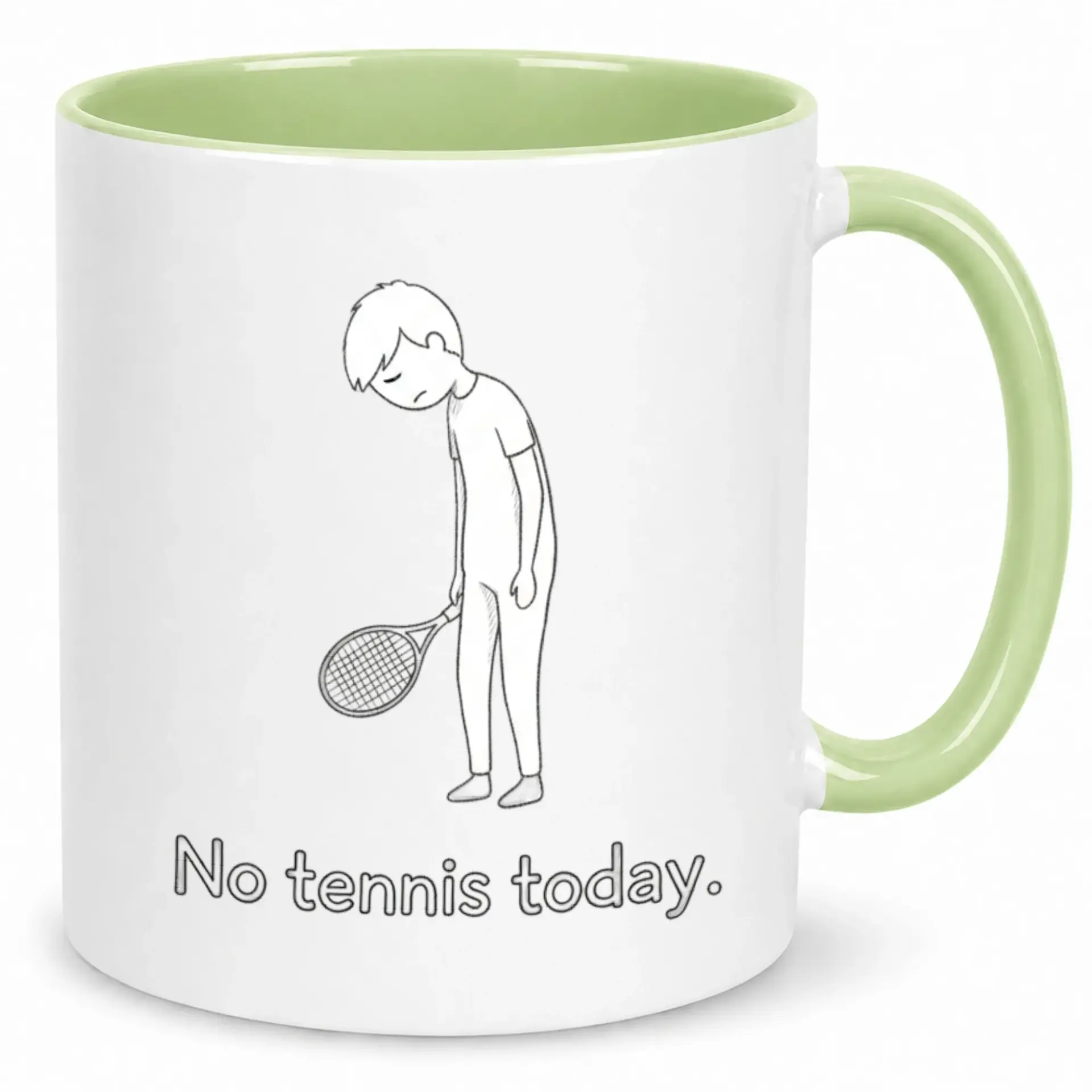 Funny Tennis Coffee Mug with Slumped Player Design and "no Today" Text White Green Ceramic Beverage Cup for Sport Lovers