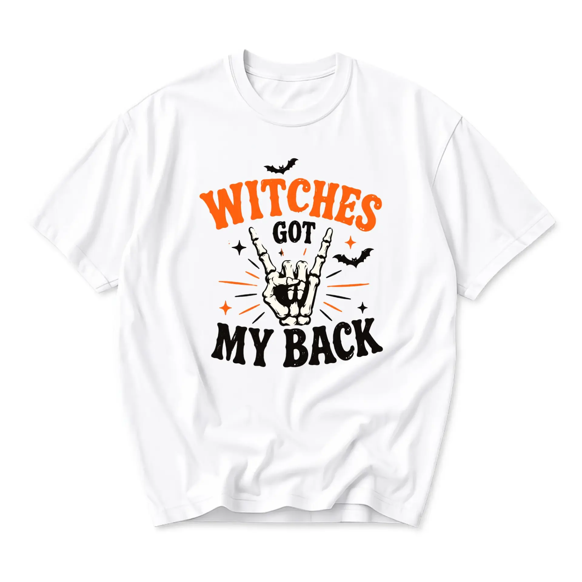 Funny Shirt Witches Got My Back Skeleton Hand Graphic Tee Casual Unisex Crew Neck Seasonal Halloween Holiday Apparel