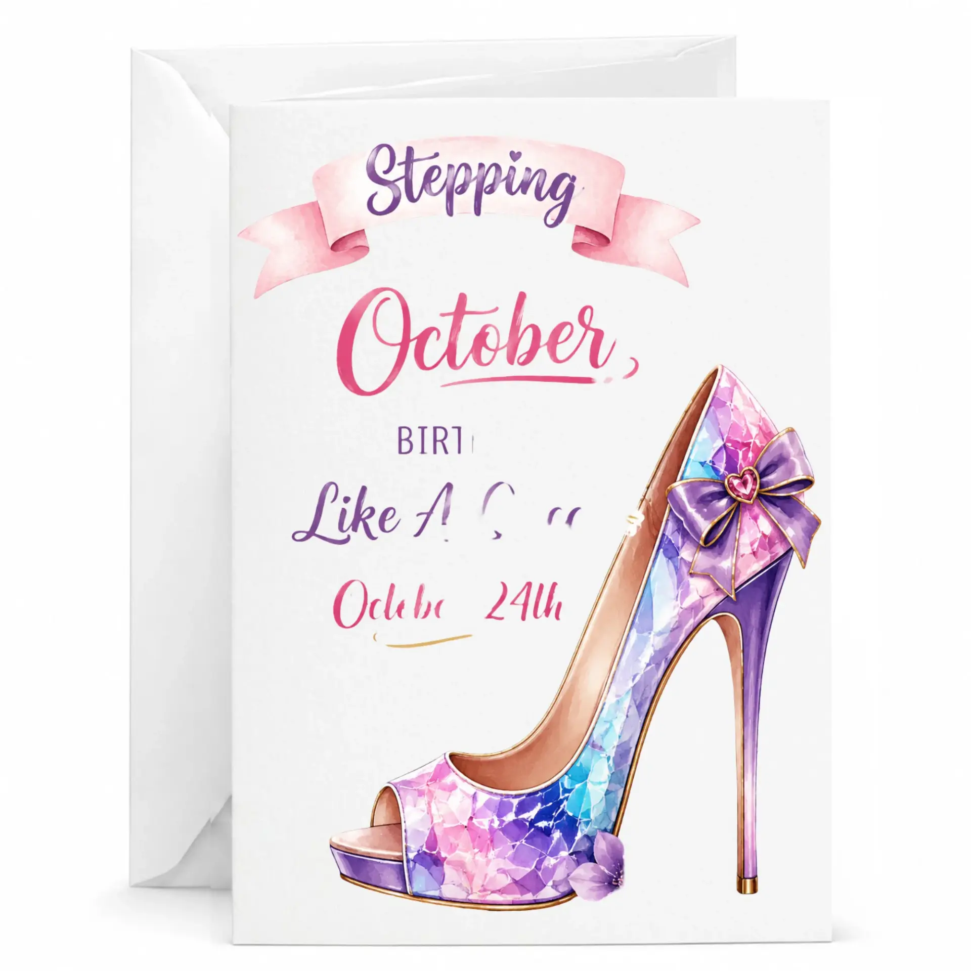 Greeting Card Stepping into October Birthday Celebration Featuring Watercolor High Heel Shoe Illustration for Her