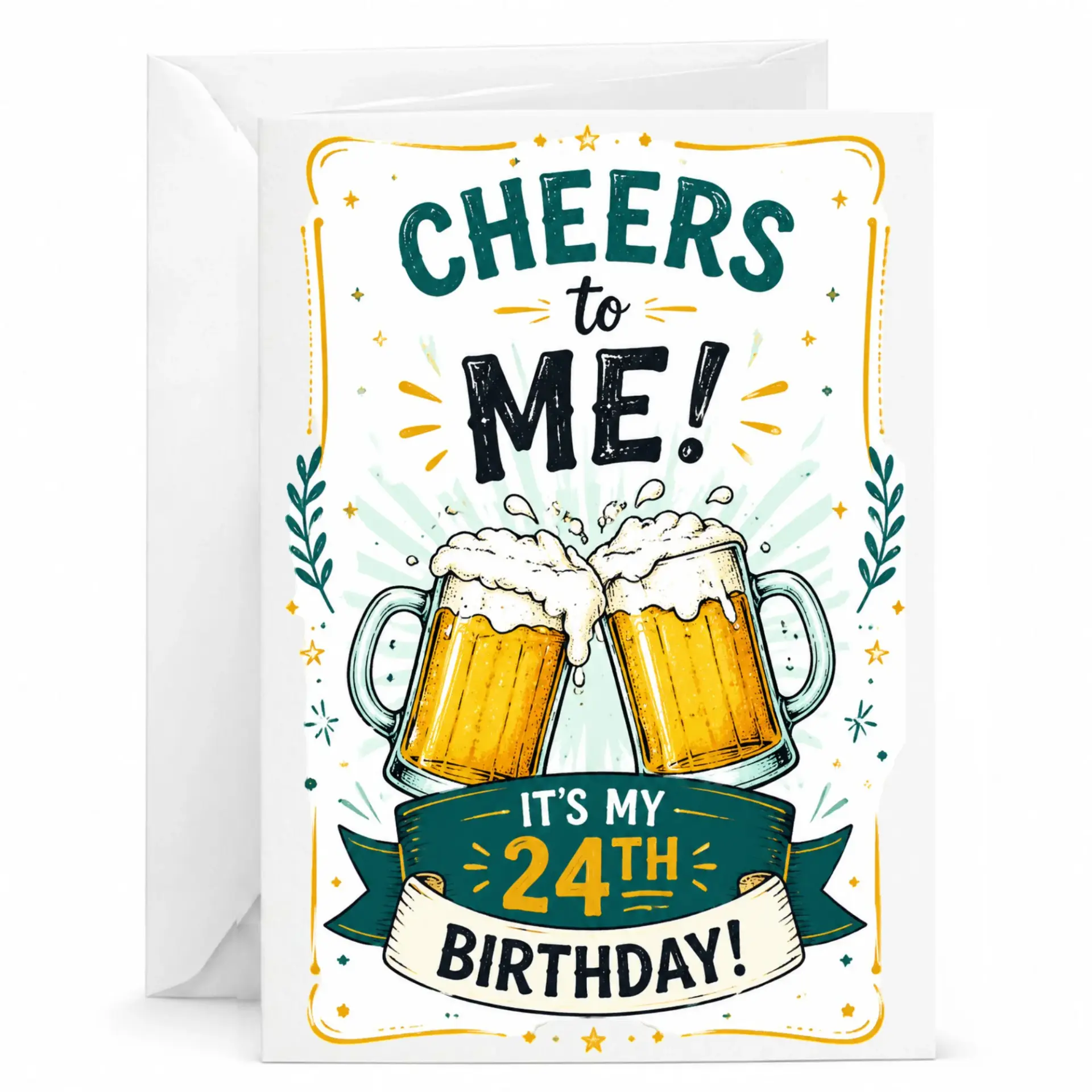 Funny Birthday Card Cheers to Me 24th Birthday Greeting Card with Beer Illustration and Matching White Envelope