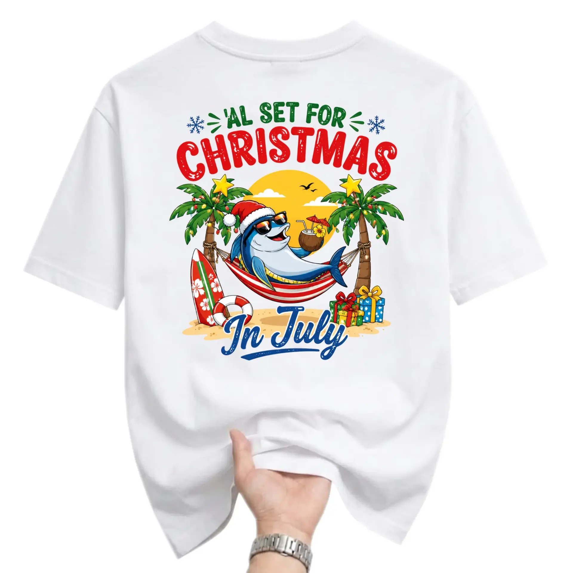 Funny Shirt Christmas in July Tropical Dolphin Graphic Tee Unisex Casual Summer Holiday Crew Neck T-Shirt Short Sleeve