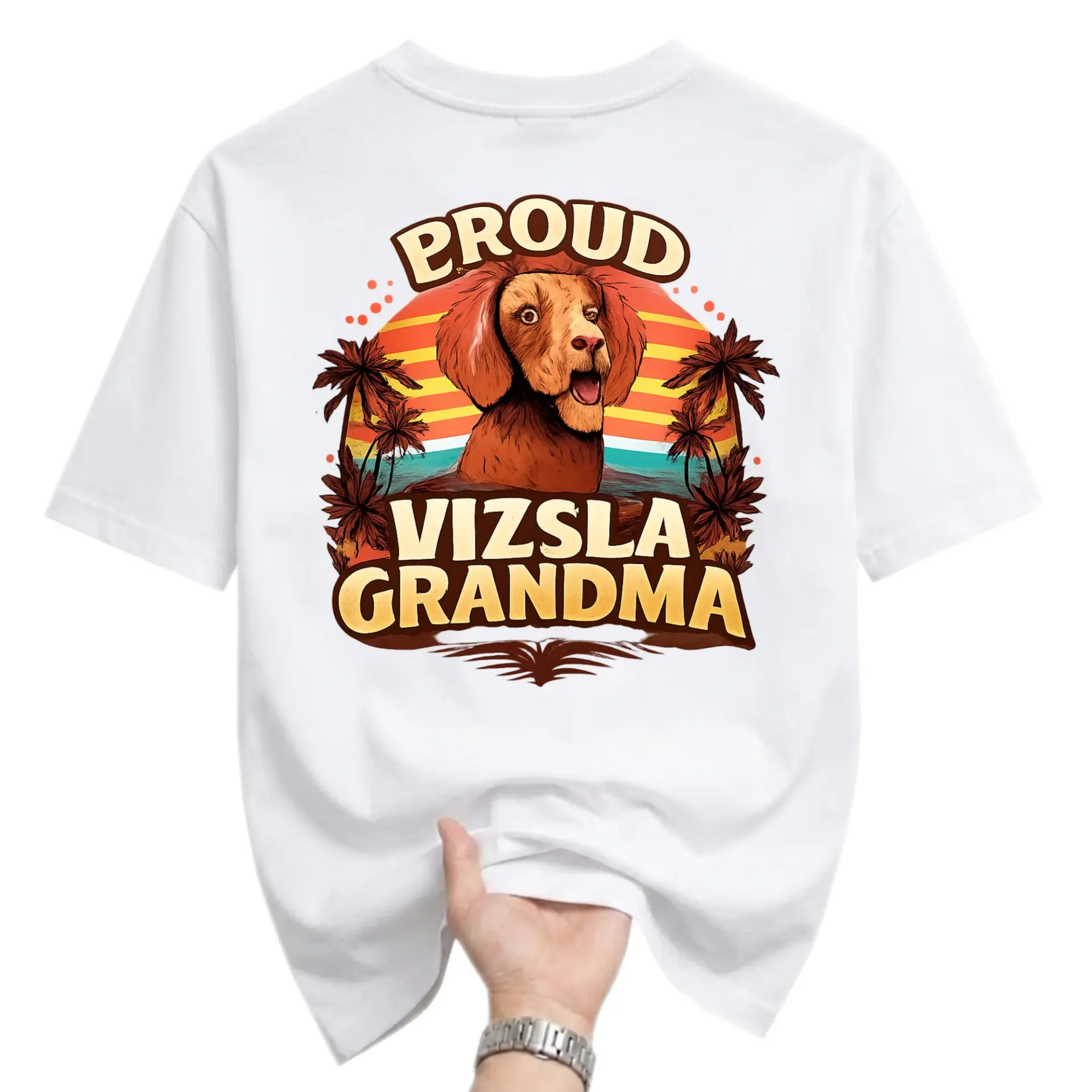 Graphic Tee Proud Vizsla Grandma Shirt Vintage Sunset Tree Dog Lover Unisex Crew Neck Cotton Top