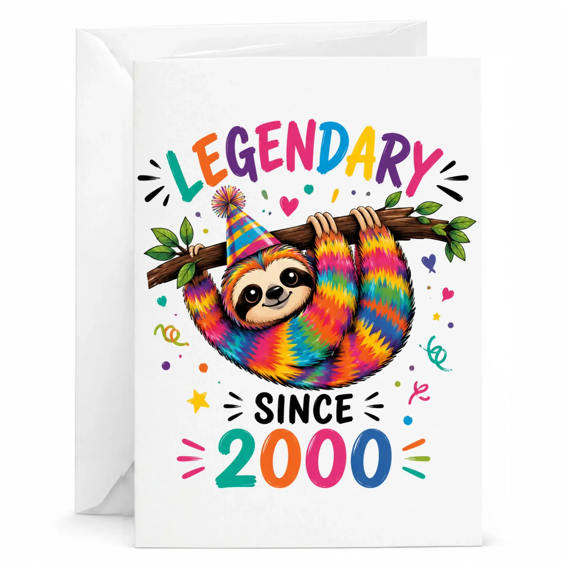 Birthday Card Legendary Since 2000 Funny Rainbow Sloth Greeting Card for Milestone Celebration Colorful Party Art