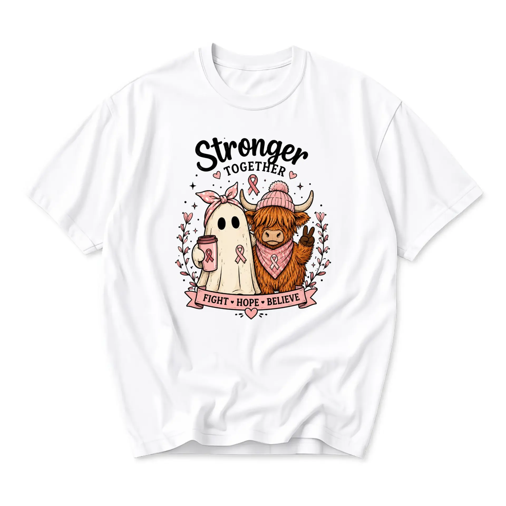 Graphic Tee Stronger Together Breast Cancer Awareness Highland Cow and Ghost Design Unisex Crew Neck Short Sleeve Shirt