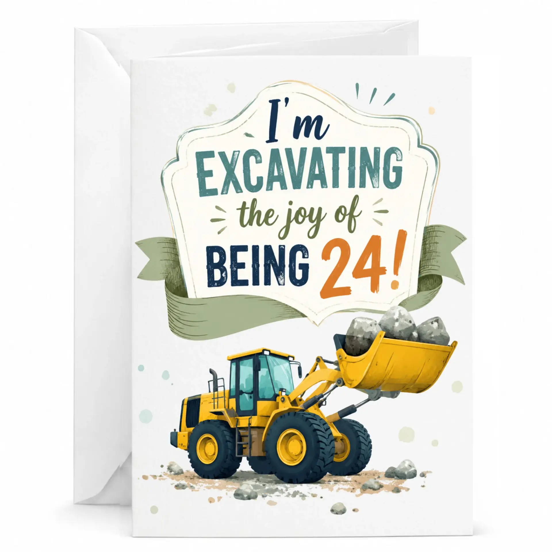 Birthday Card Funny Construction Theme Excavator Design 24th Birthday Greeting for Him or Her 5x7 Inches