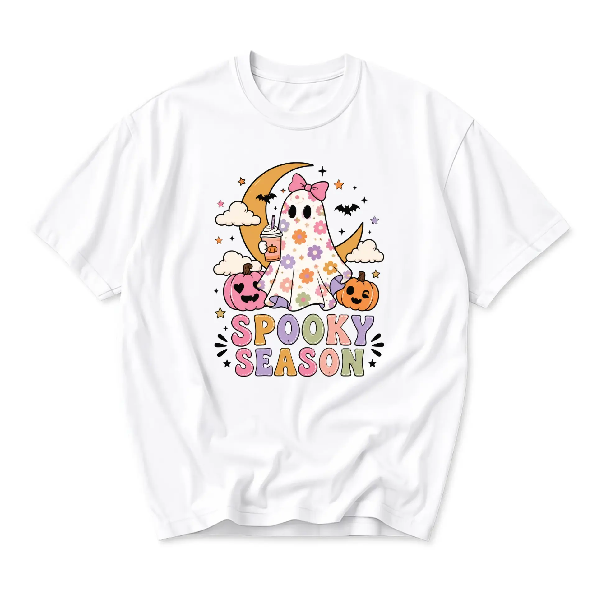 Graphic Tee Spooky Season Floral Ghost Design Unisex Crew Neck Short Sleeve Cotton Blend Casual Fall Fashion Shirt