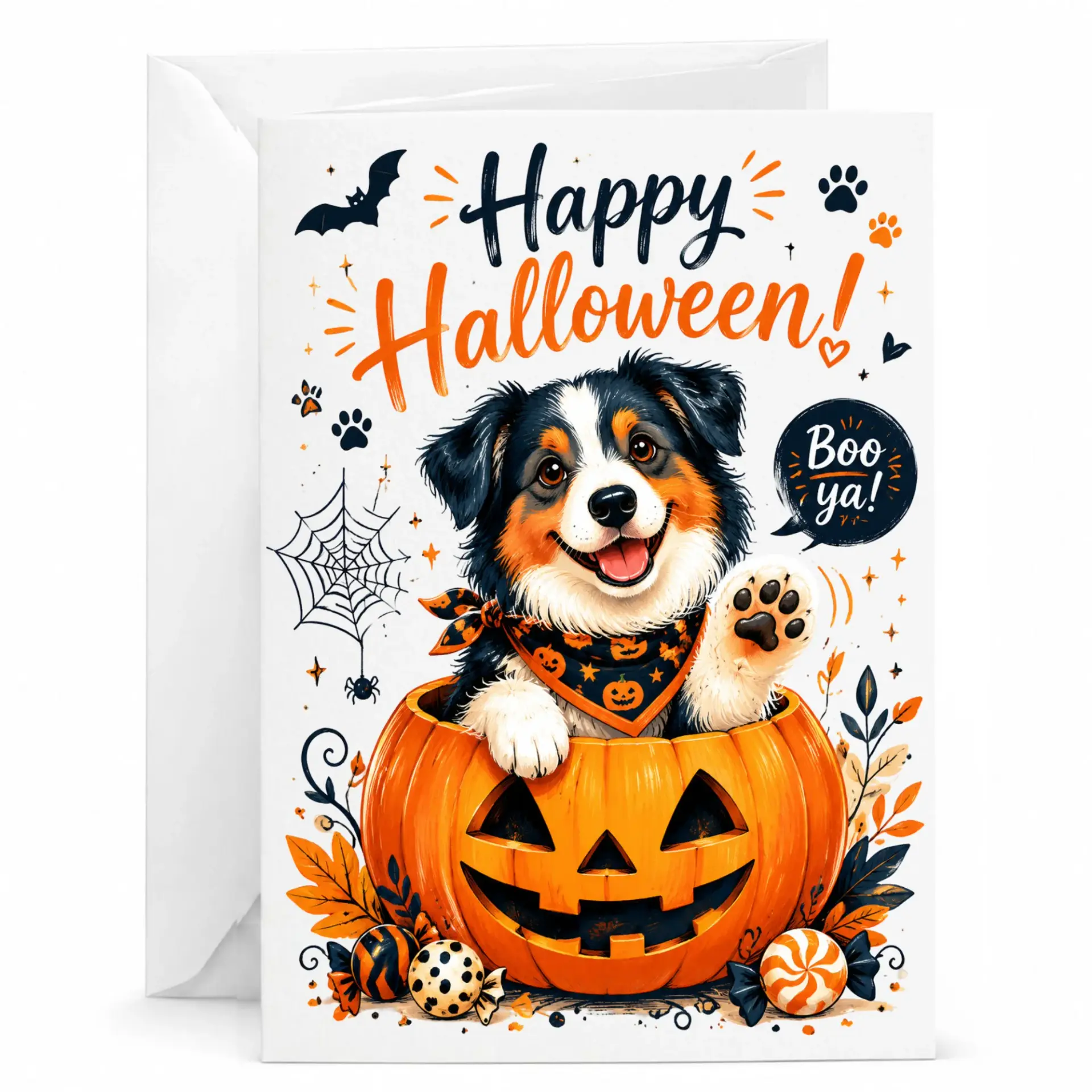 Greeting Card Happy Halloween Cute Puppy in Pumpkin Design with Matching White Envelope for