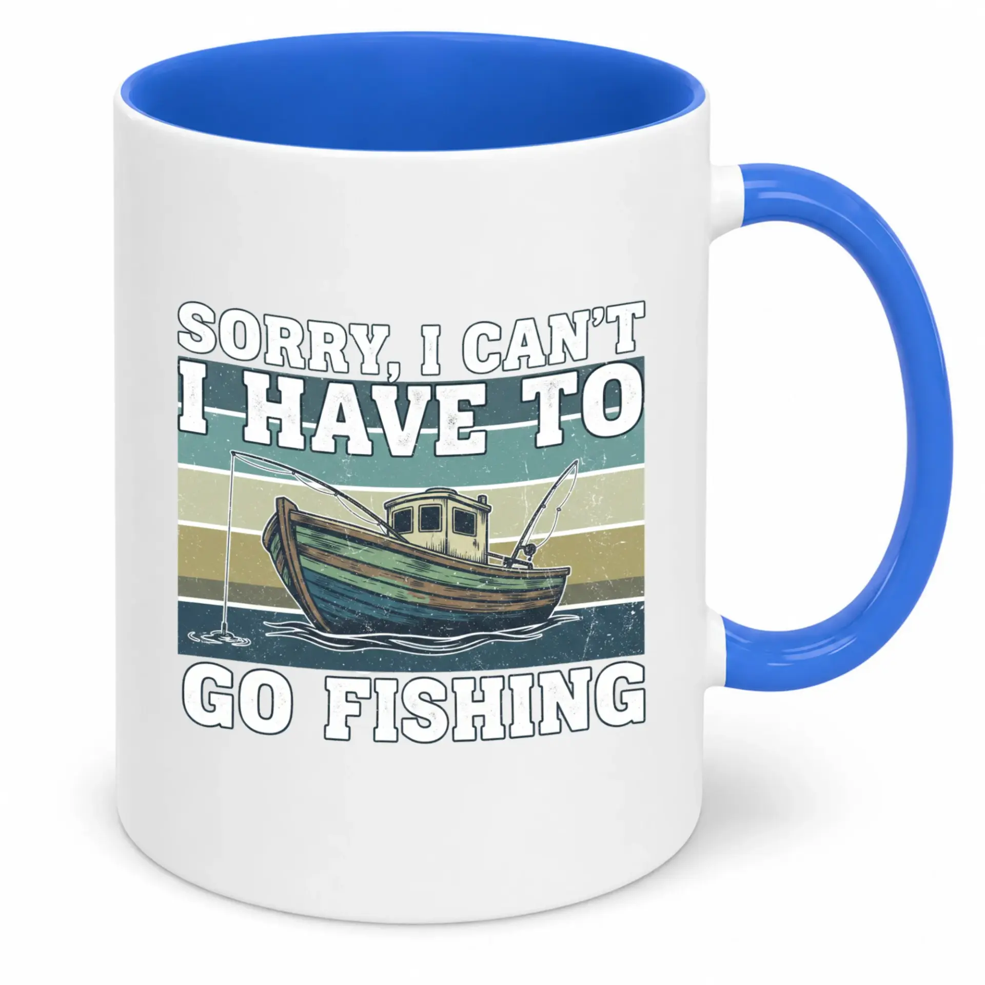 Funny Fishing Ceramic Coffee Mug "sorry I Can't I Have to Go Fishing" Novelty Drinkware with Blue Handle and Interior 11oz or 15oz Capacity for Home Office