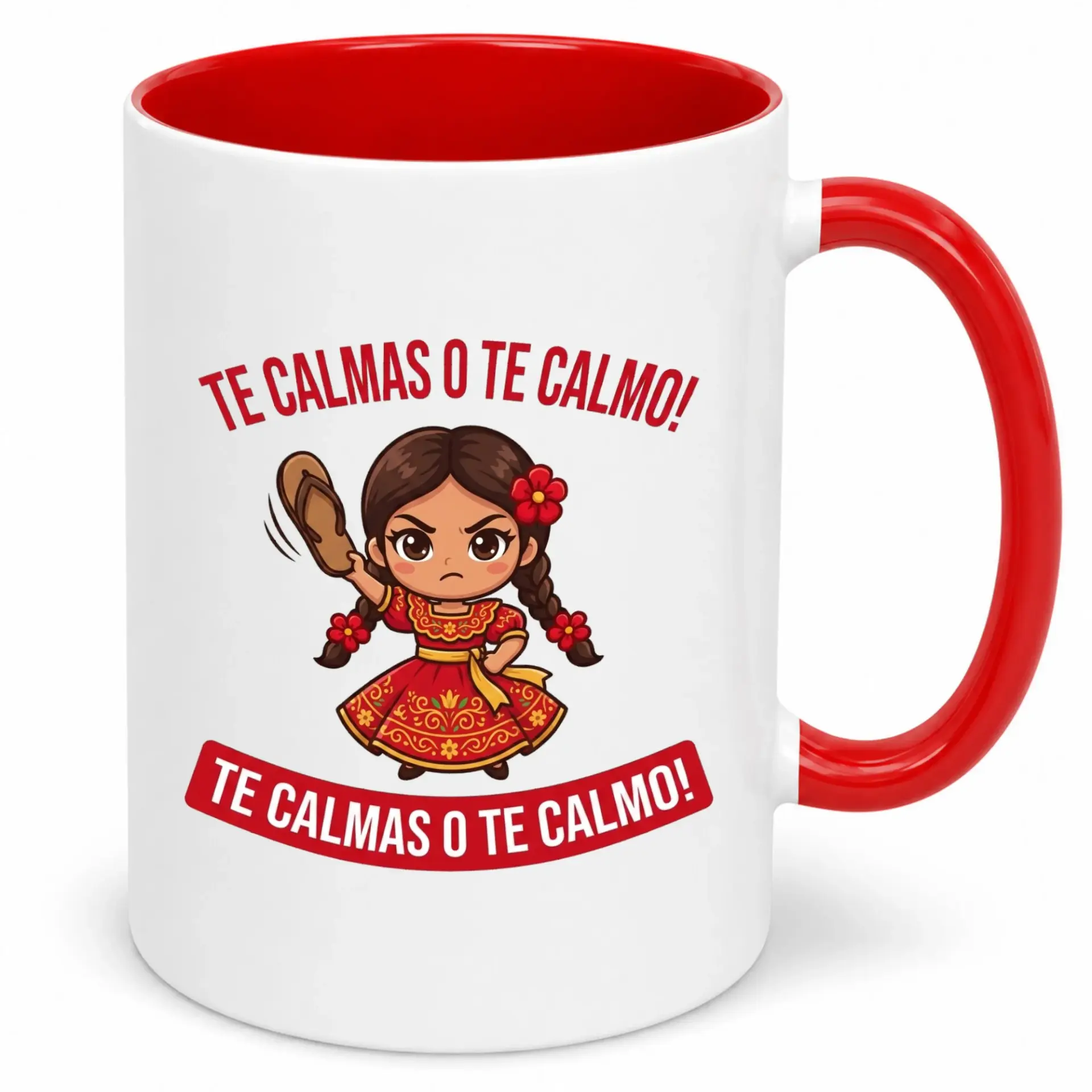 Funny Ceramic Coffee Mug with Feisty Latina Girl and Chancla Design Te Calmas O Te Calmo Spanish Phrase Unique Gift for Mom or Friends
