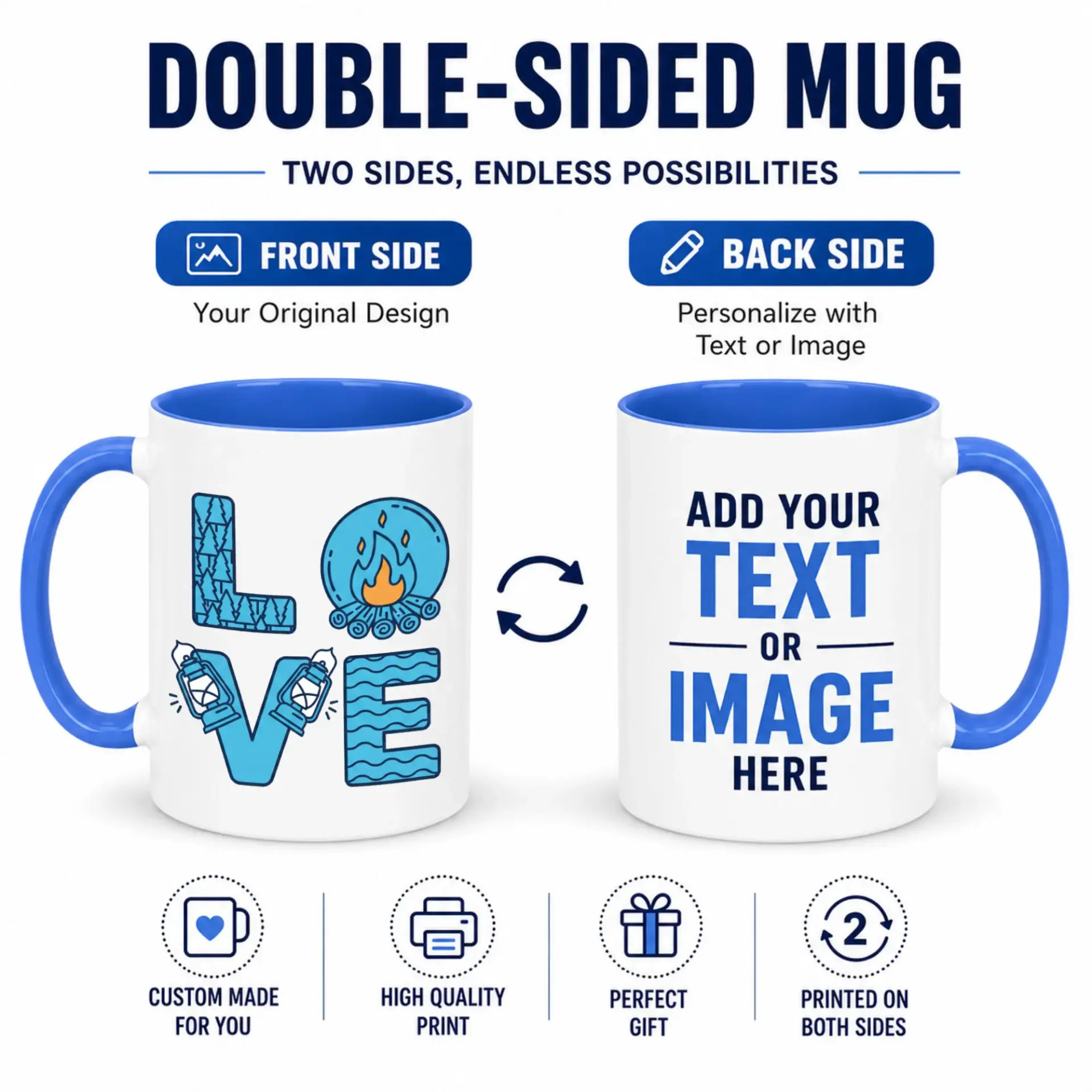 Ceramic Coffee Mug, Outdoor Adventure Theme Love Design with Campfire, Trees, Lanterns, Waves, Nature Lover Drinkware Gift for Enthusiasts