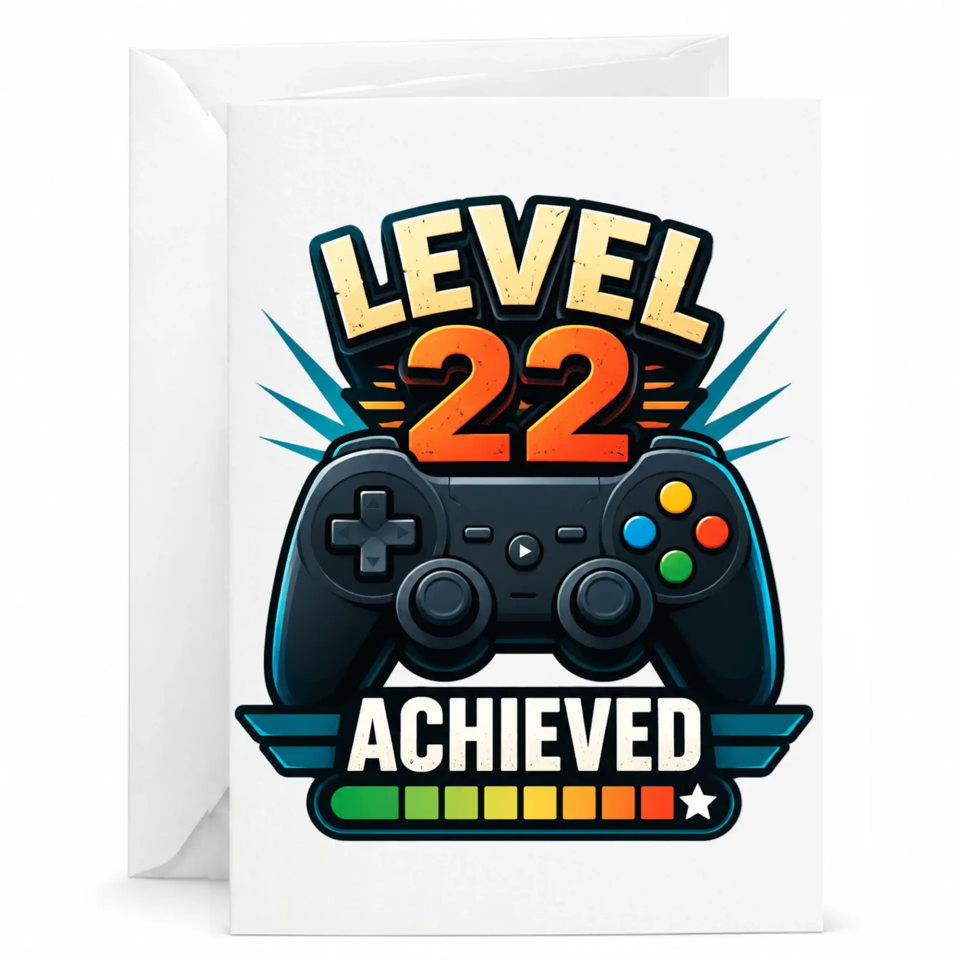 Level 22 Achieved Funny Gaming Birthday Card for Video Game Enthusiast with Matching White Envelope 5x7 Inches
