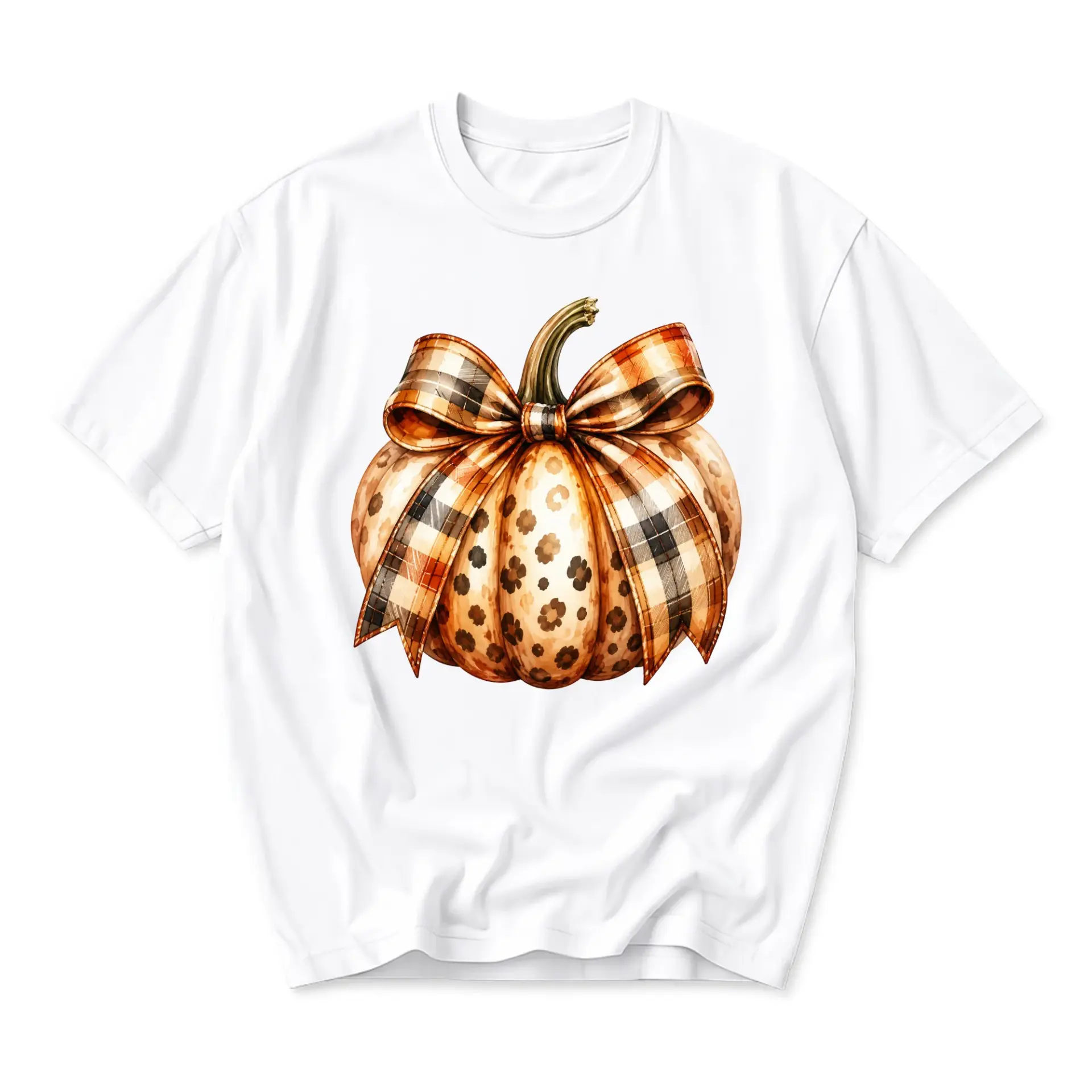 Graphic Tee Pumpkin with Plaid Bow Unisex Crew Neck T-Shirt for Fall Season Casual Everyday Wear Seasonal Holiday Style