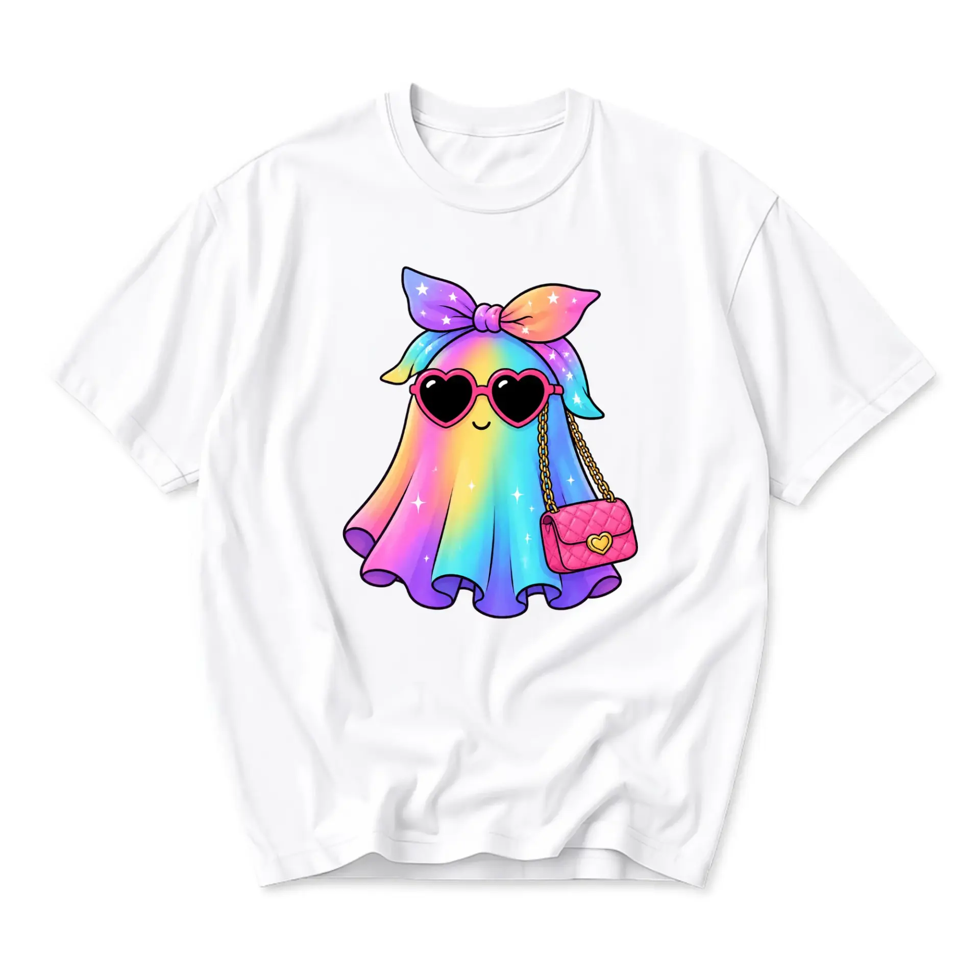 Graphic Tee Featuring a Cute Rainbow Ghost Wearing a Bow and Sunglasses for Casual Style and Fun Everyday Fashion Wear