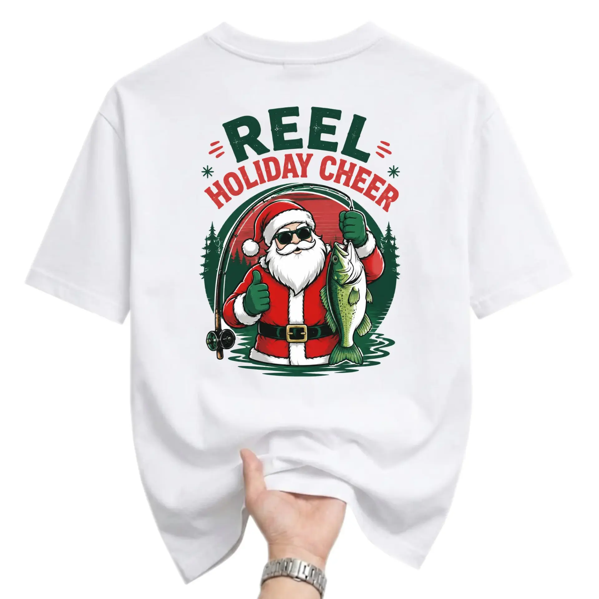Funny Shirt Reel Holiday Cheer Santa Fishing Graphic Tee Unisex Casual Crew