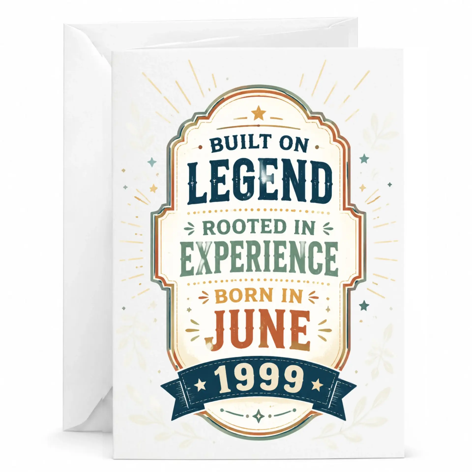 Greeting Card Born in June 1999 Built on Legend Vintage Style Birthday Stationery with Matching White Envelope