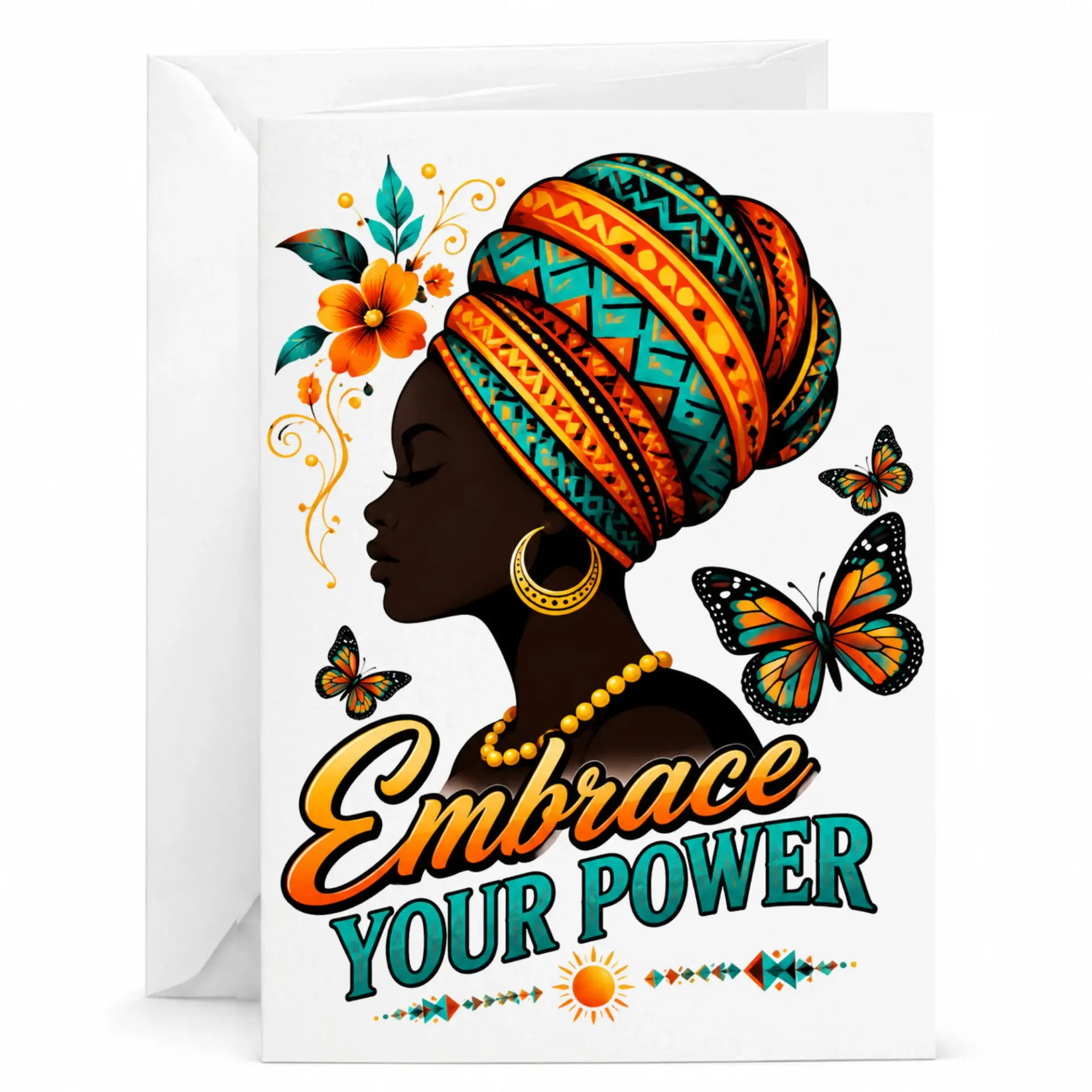 Greeting Card with Portrait of Woman in Headwrap and Butterflies Art Design, Inspirational Note for All Occasions