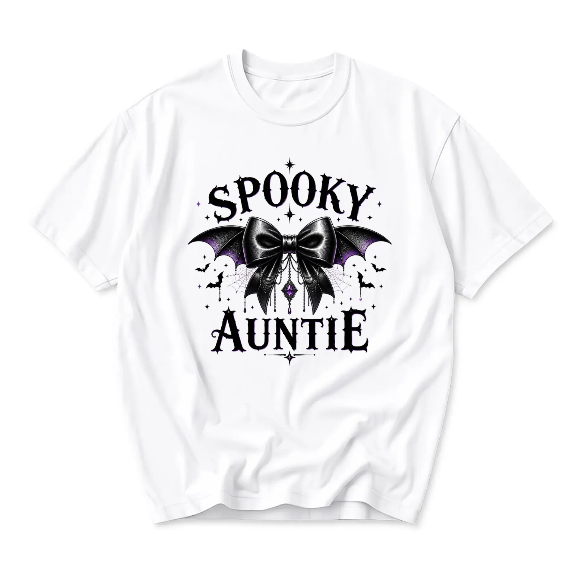 Graphic Tee Spooky Auntie Shirt Cute Gothic Bow Bat Wings Design Unisex Crew Neck Casual Everyday Wear Cotton Top