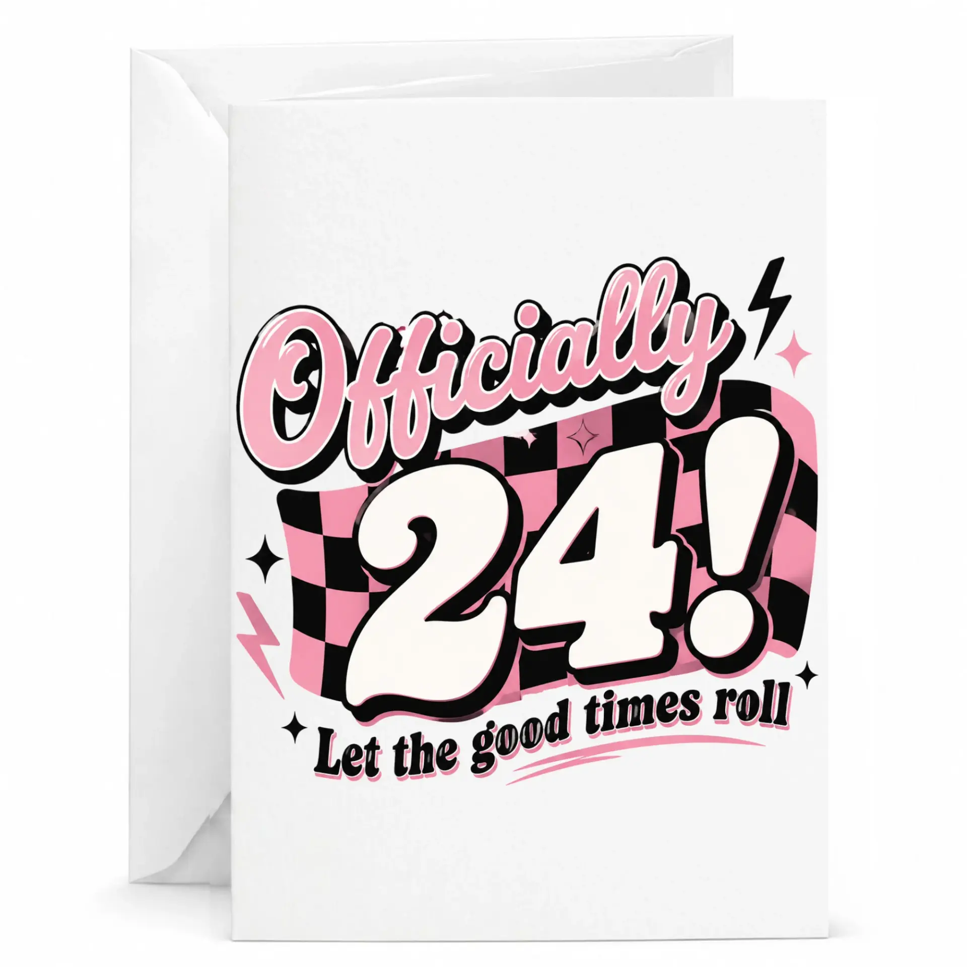 Birthday Card Officially 24 Let the Good Times Roll Retro Pink Checkered Flag Design Folded Stationery for Milestone