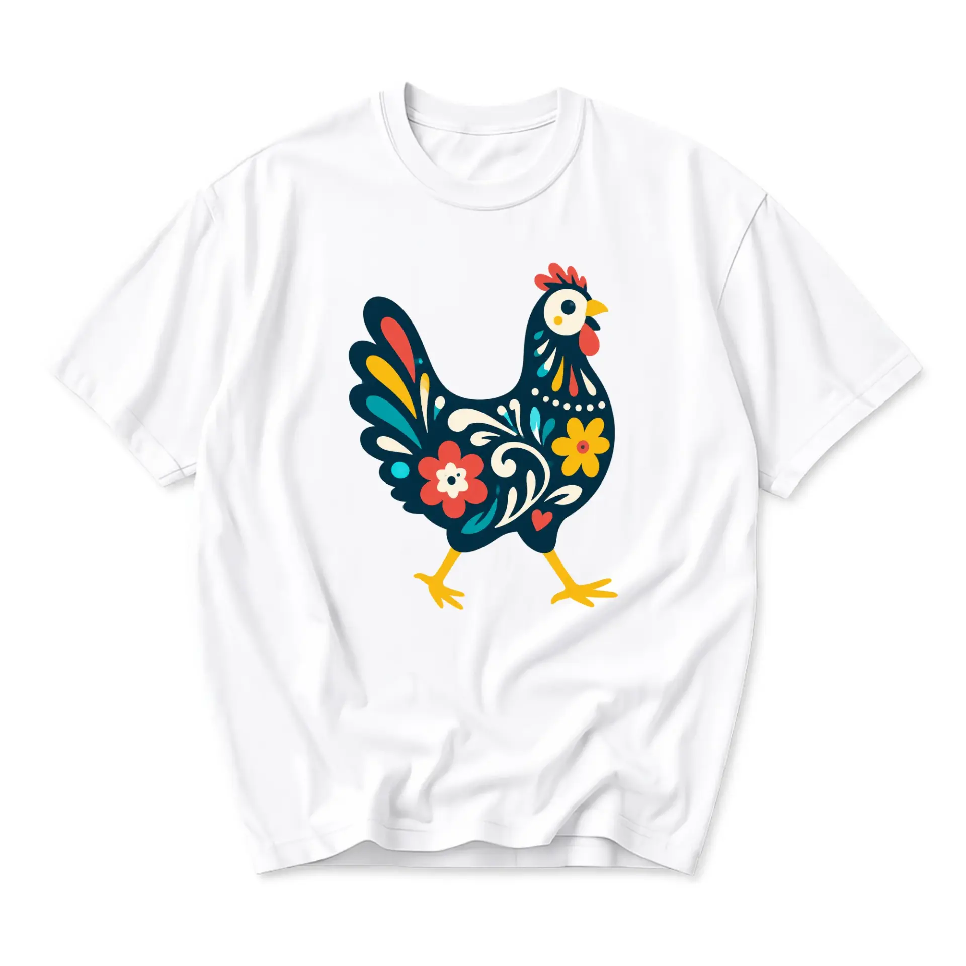 Graphic Tee Unisex Crew Neck Shirt Featuring Colorful Folk Art Inspired Rooster Design Decorative Farm Animal Print