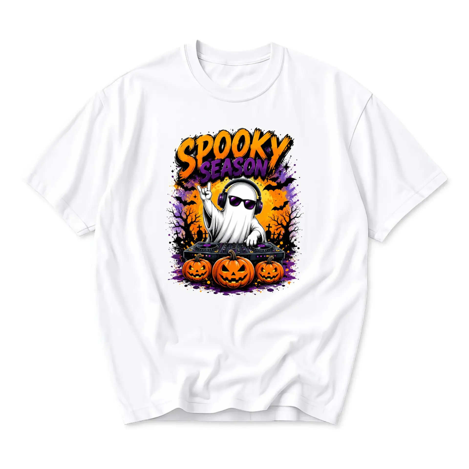 Funny Shirt Spooky Season Dj Ghost Graphic Tee Halloween Party Apparel Comfortable Casual Crew Neck Cotton Top White