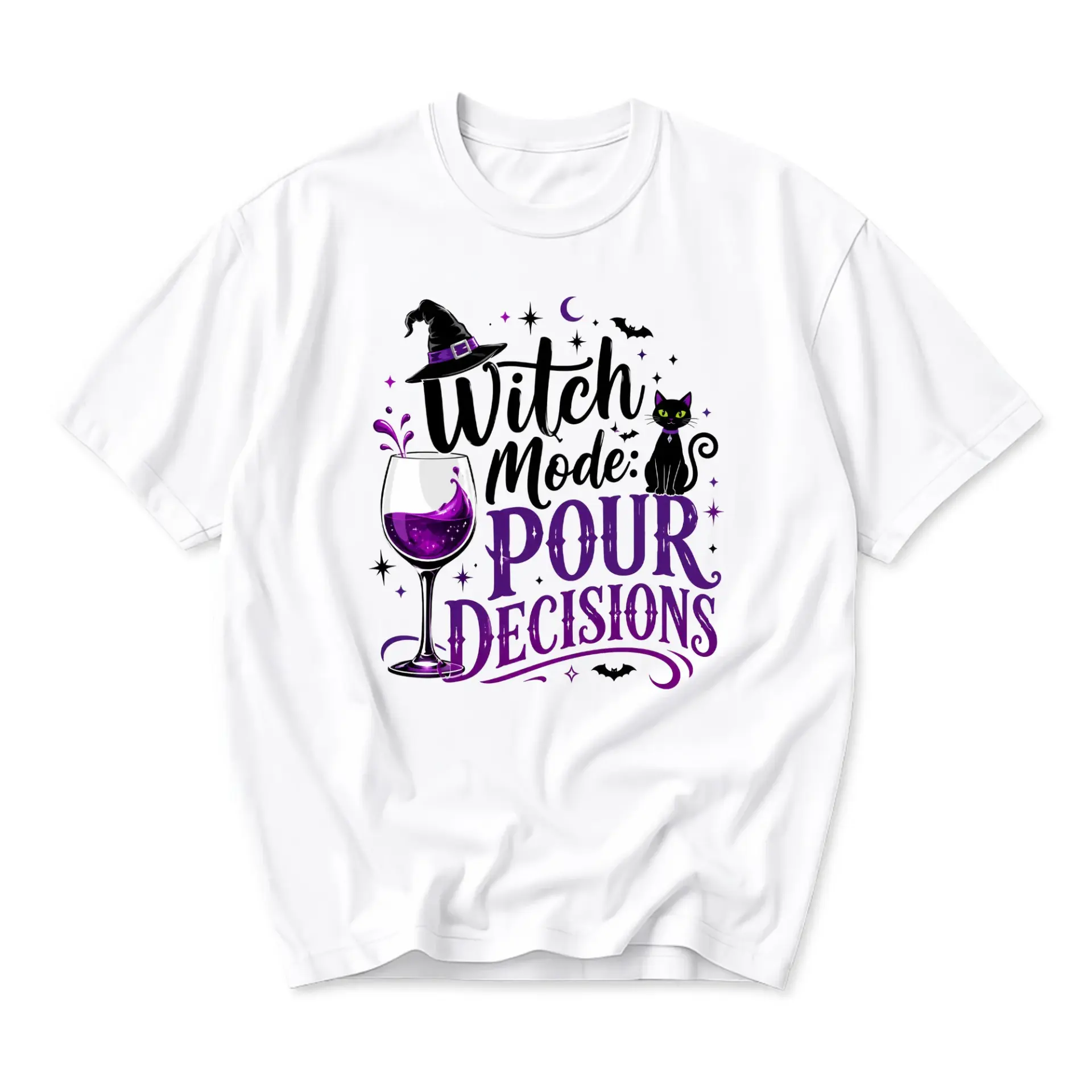 Graphic Tee Witch Mode Pour Decisions Funny Unisex Crew Neck T-Shirt for Casual Wear and Seasonal Celebration