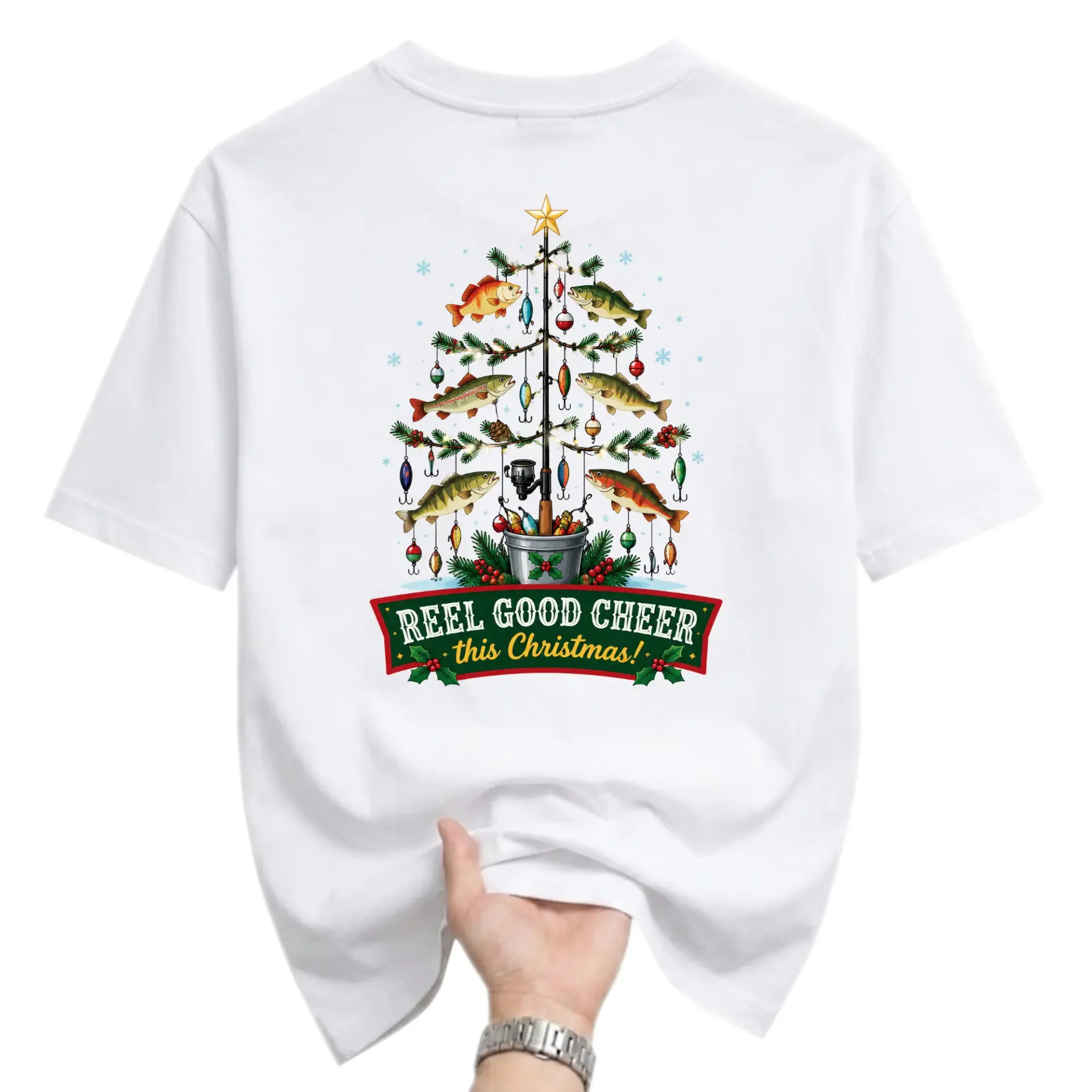 Funny Shirt Reel Good Cheer This Christmas Graphic Tee Unisex Holiday Fishing Themed Cotton Blend Crew Neck Apparel