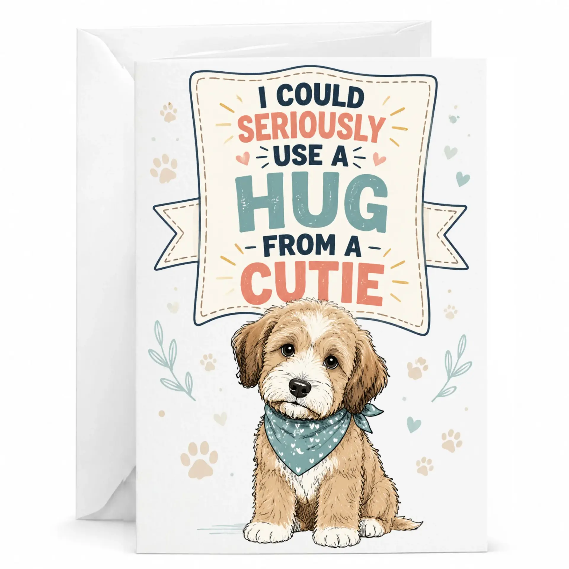 Funny Puppy Greeting Card I Could Seriously Use a Hug from a Cutie Dog Illustration with Matching White Envelope