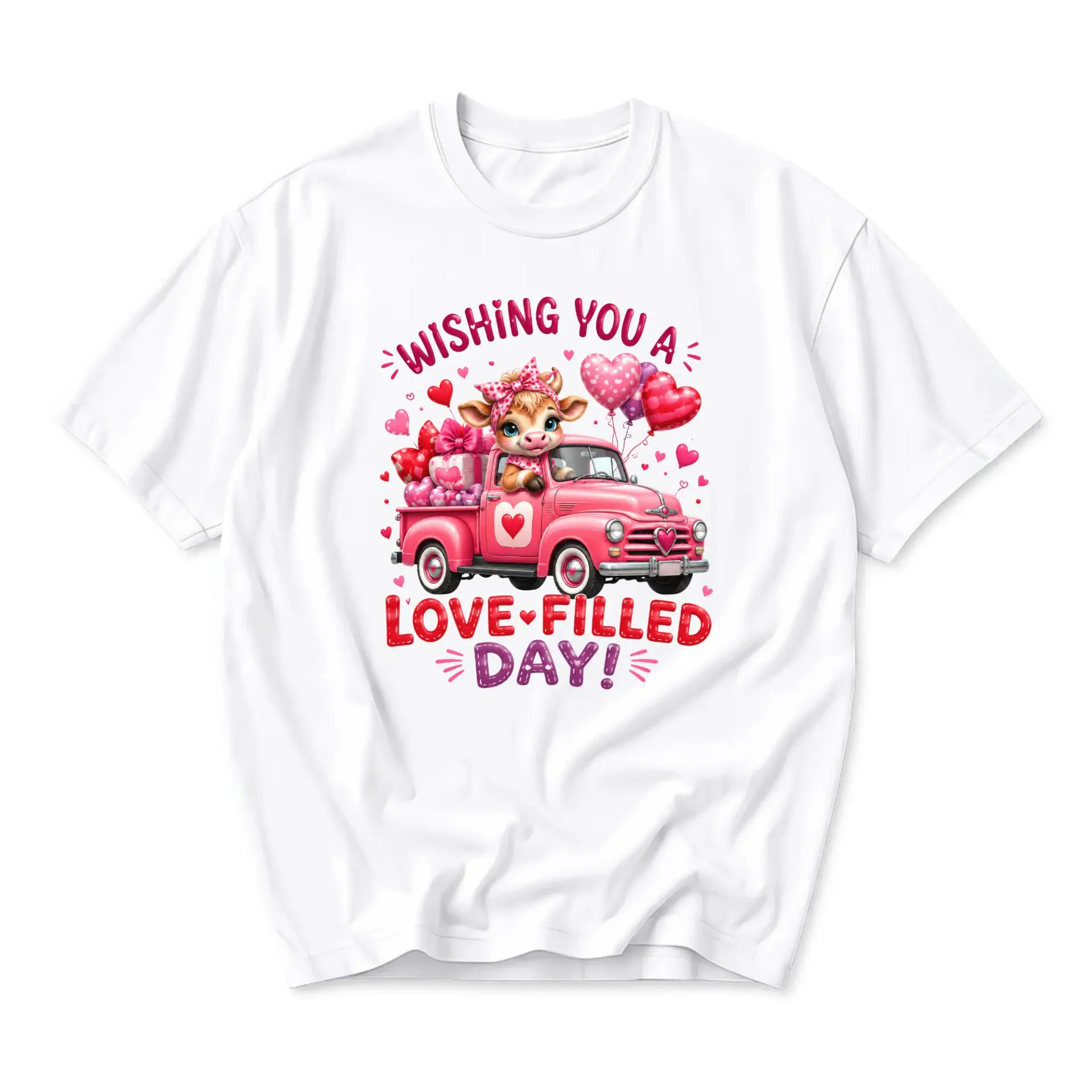 Graphic Tee Wishing You a Love Filled Day Cute Cow in Pink Truck Design Unisex Crew Neck Everyday Casual T-Shirt