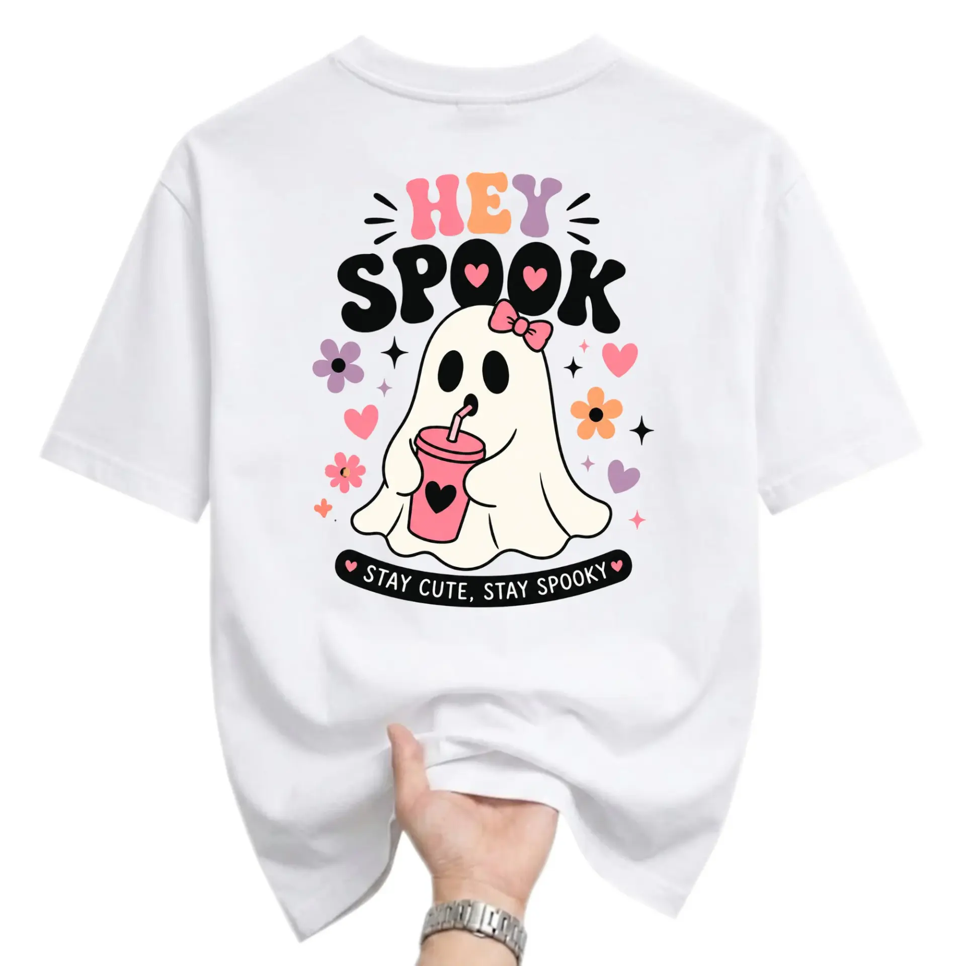 Graphic Tee Hey Spook Cute Ghost Design Unisex Crew Neck Shirt for Casual Wear and Everyday Comfortable Outfit Style